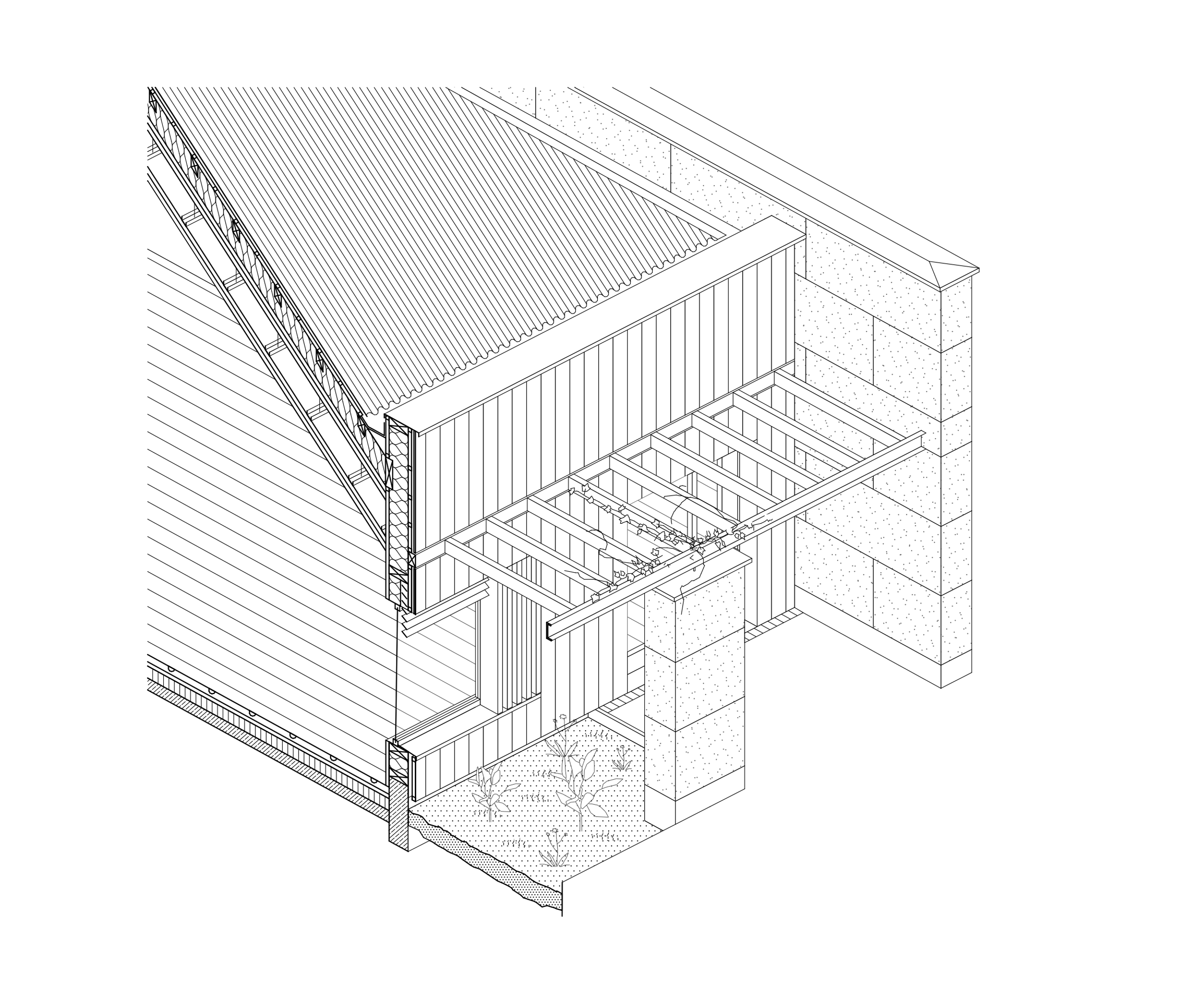 Axonometric detail of the Youth Cultural Center in Vaison-la-Romaine, showing timber roof structure, stone enclosure wall and pergola framing over an exterior space.