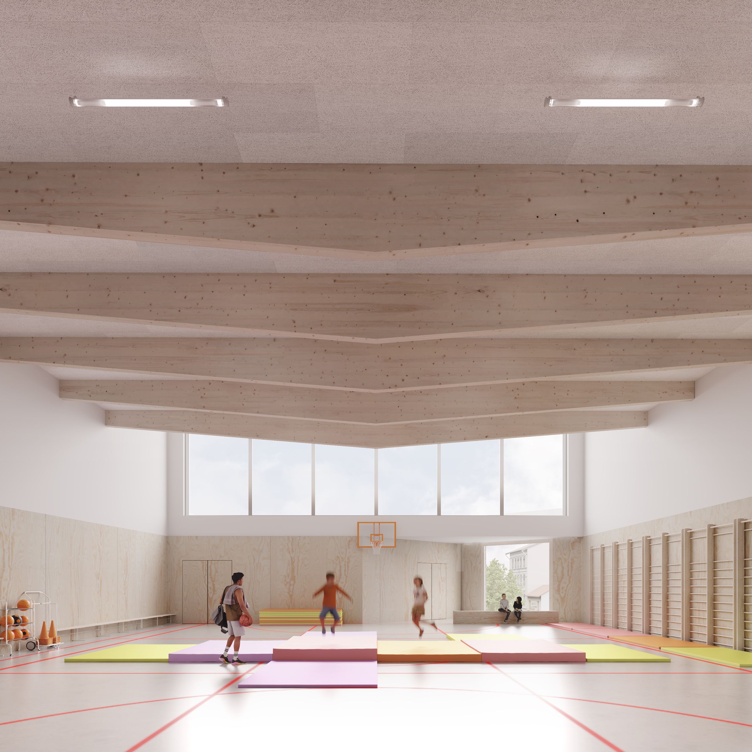 Gymnase du groupe scolaire Pompidou-Mourguet à Lyon, structuré par des poutres en bois, un plafond acoustique et une baie haute.