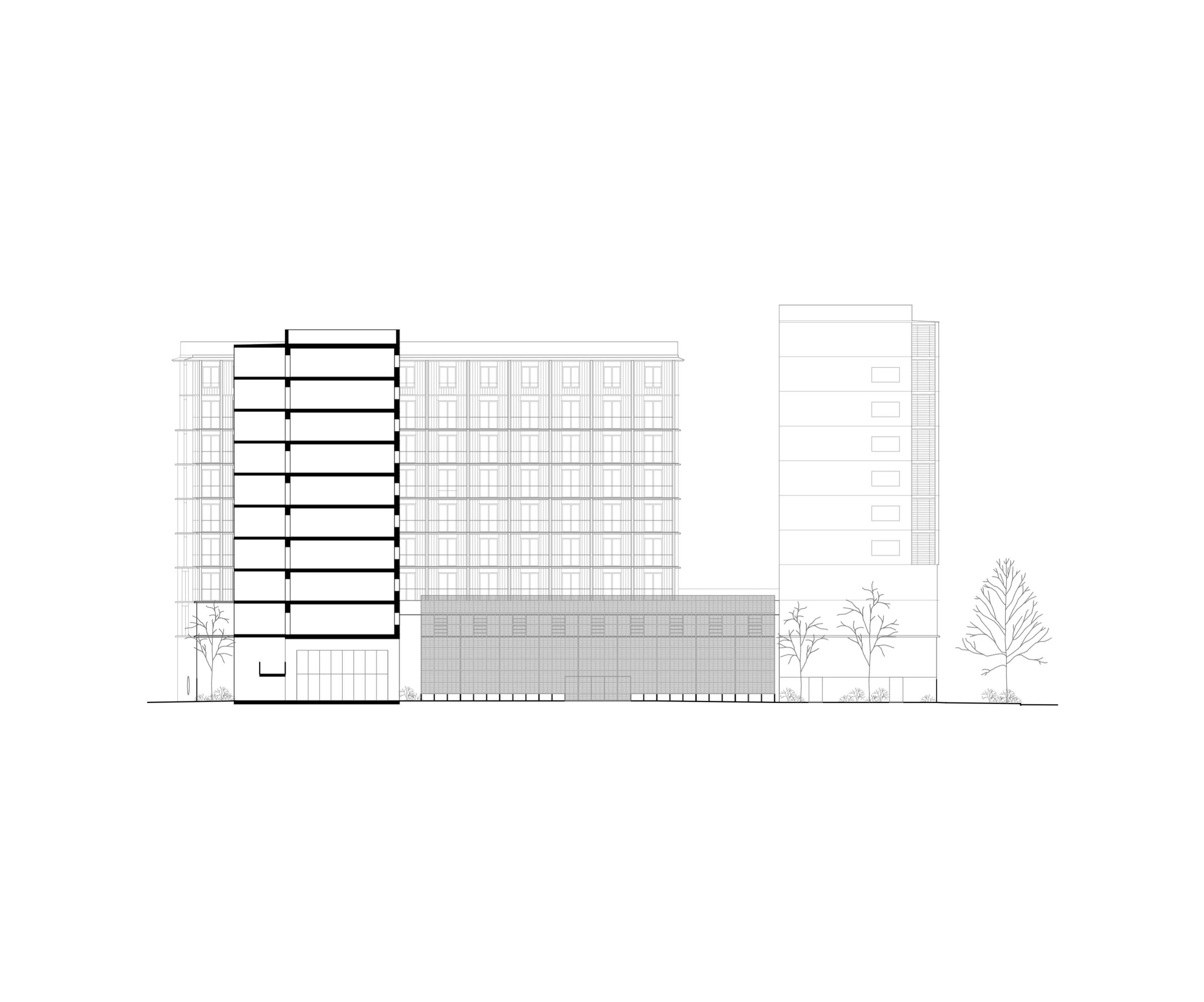 Elevation drawing of the E4 North block in Lyon, showing U-shaped housing, office base and semi-underground sports hall with regular façades and planted edges.