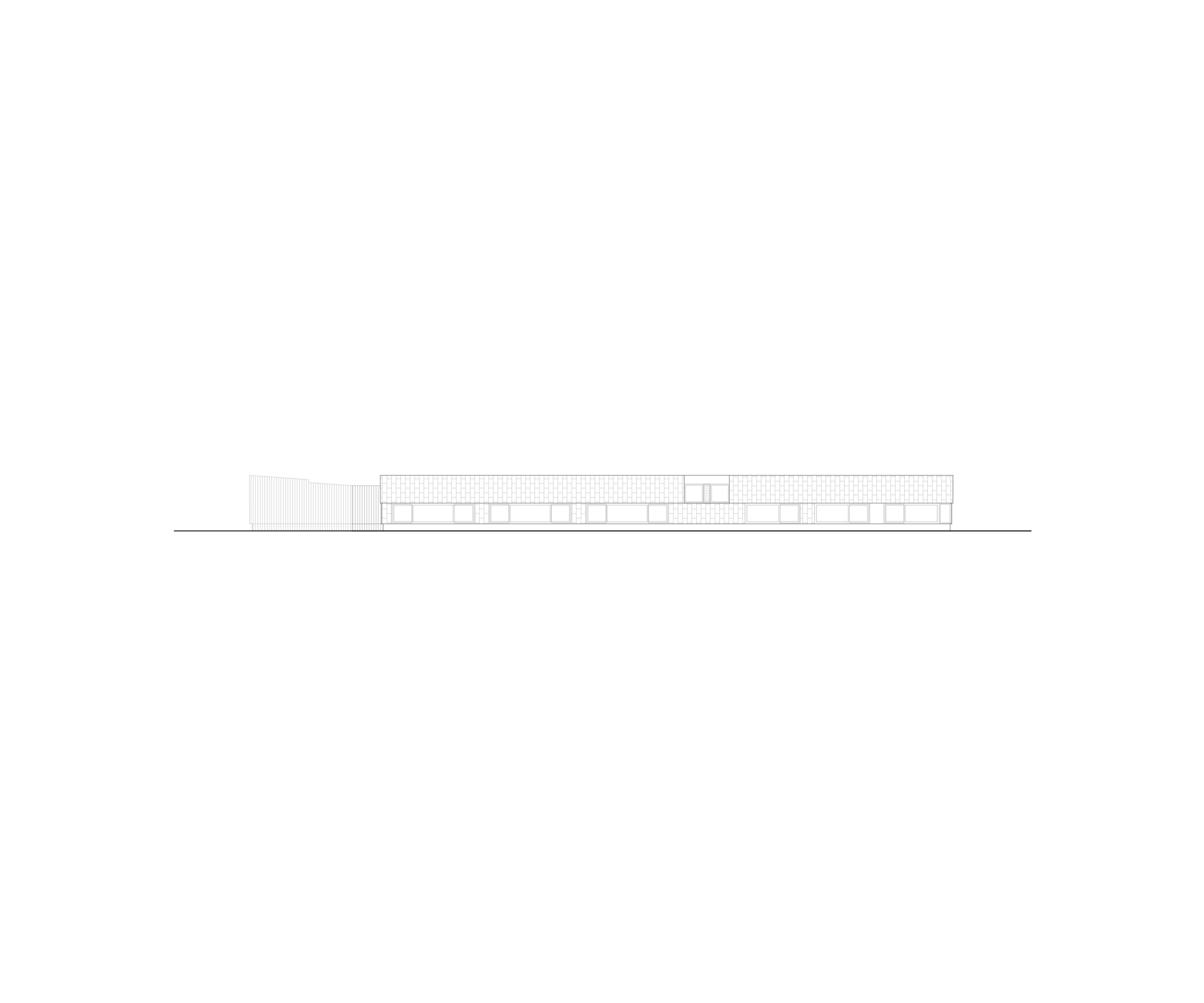 Elevational drawing of Hubert Reeves Elementary School in Champagnole, showing a low linear volume with regular classroom openings and a zinc-clad envelope.