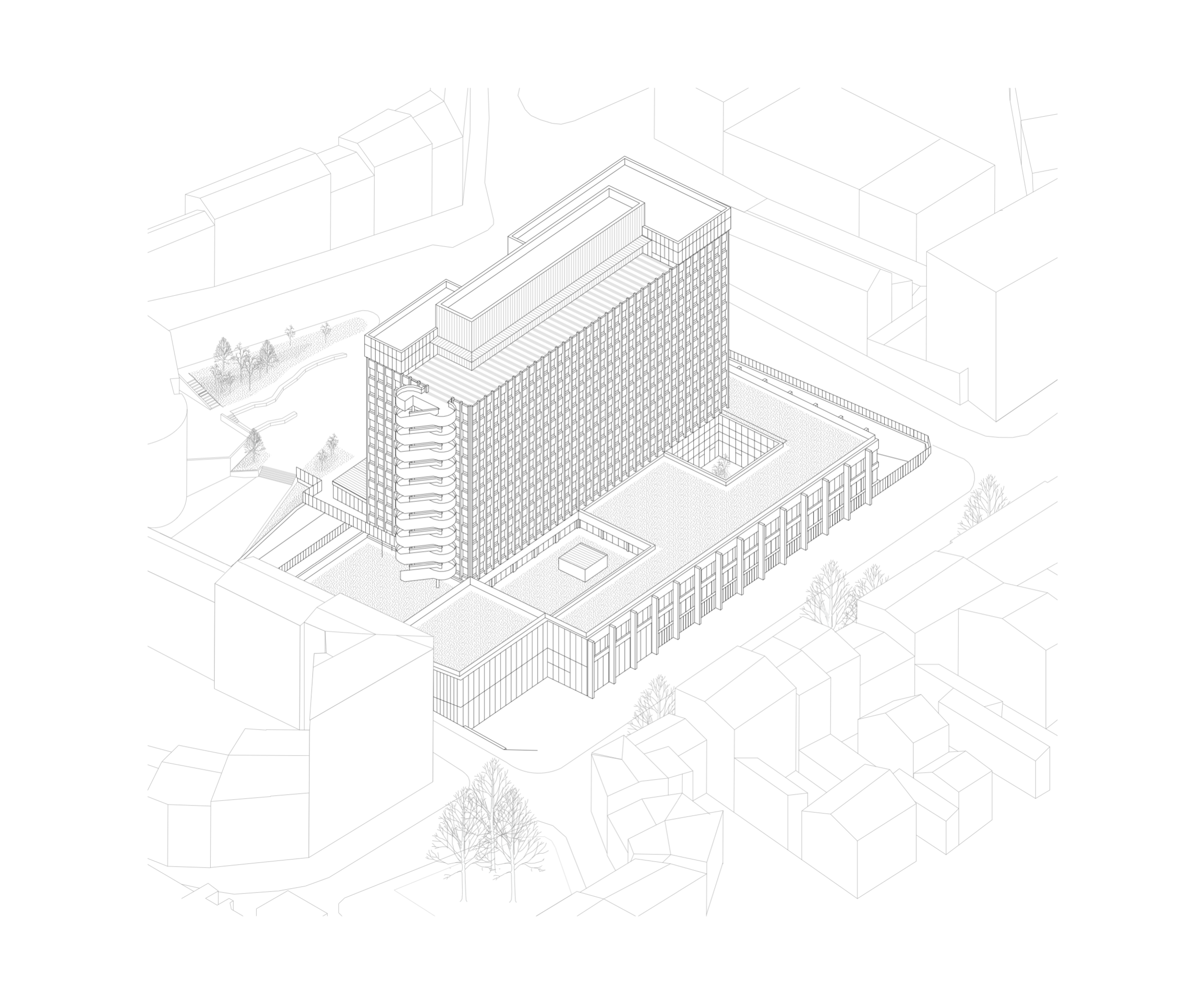 Axonométrie de la réhabilitation de l’IGH Émile Loubet à Saint-Étienne, montrant socle tertiaire, tour rationaliste, attique ajouté et escalier extérieur.