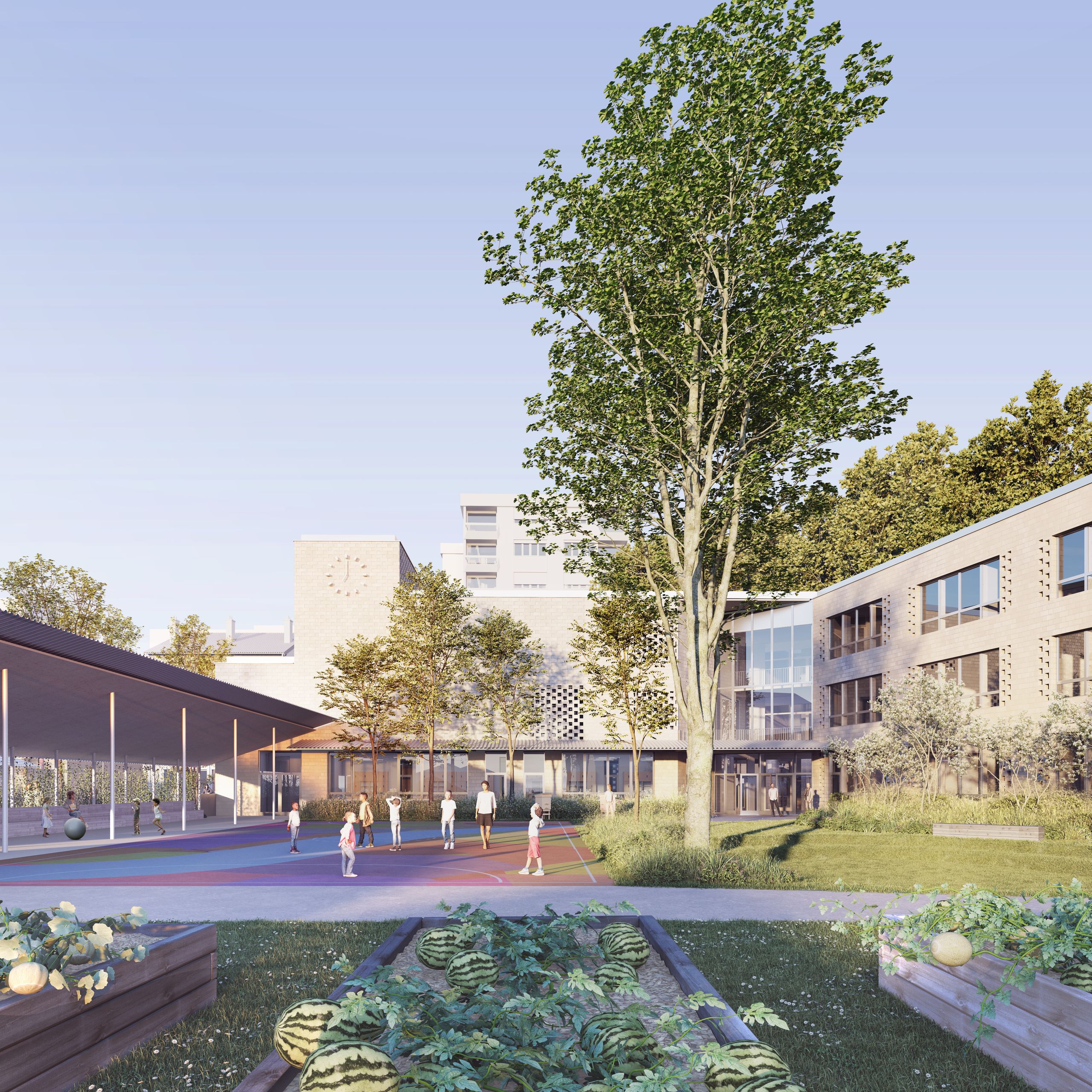 Groupe scolaire Pompidou-Mourguet à Lyon : cour arborée, potagers, préau et volumes en équerre aux façades minérales bicolores.