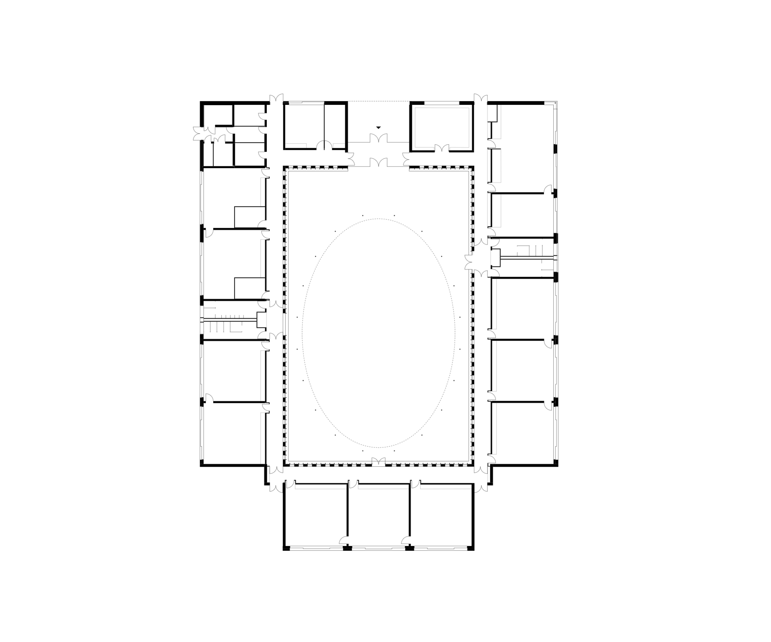 Ground floor plan of Hubert Reeves Elementary School in Champagnole, showing classrooms encircling an elliptical central courtyard under an impluvium roof.