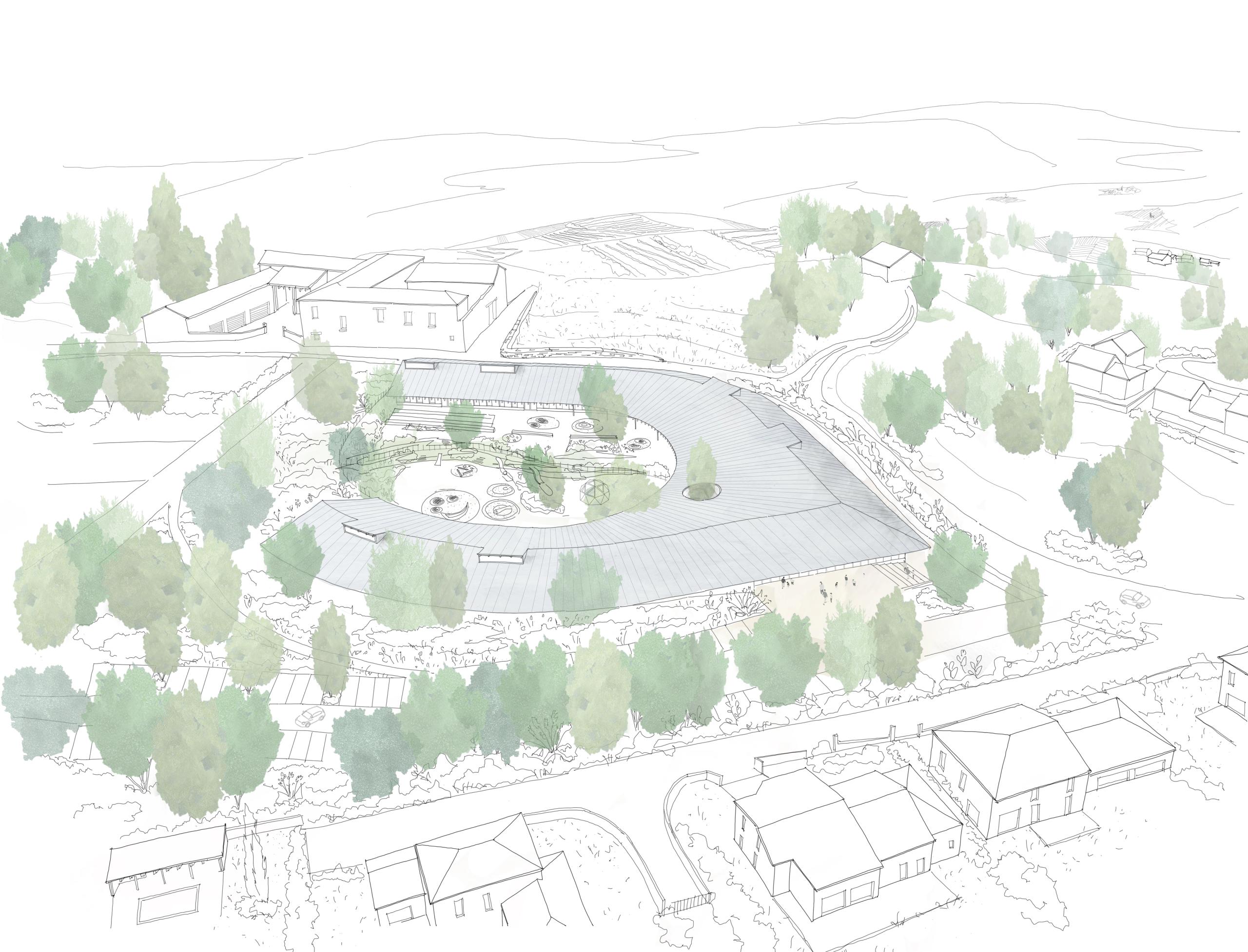 Vue aérienne du groupe scolaire de Vienne : vaste toiture en anneau abritant une cour centrale paysagée, ossature bois et débords zinc intégrés au relief.