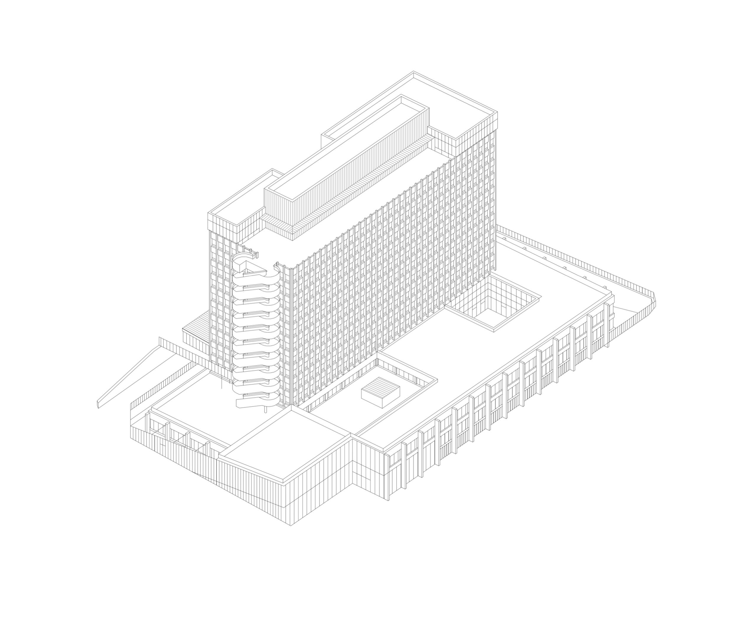 Axonométrie de la réhabilitation de l’IGH Émile Loubet à Saint-Étienne, montrant socle tertiaire, tour rationaliste, attique ajouté et escalier extérieur.