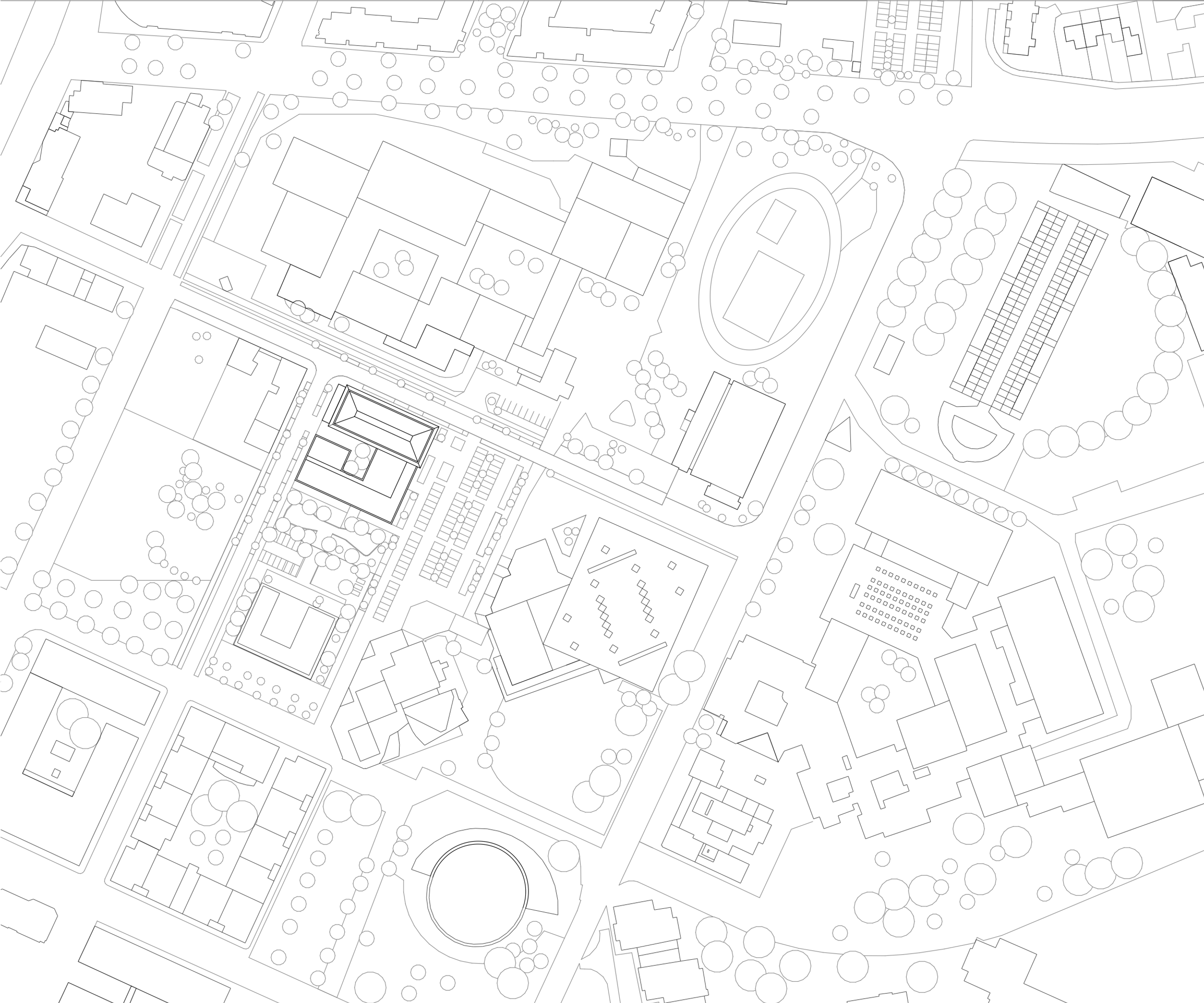 Plan masse des équipements universitaires à Vaulx-en-Velin par Tectoniques, montrant l’implantation des bâtiments, voiries, espaces libres et trame paysagère.