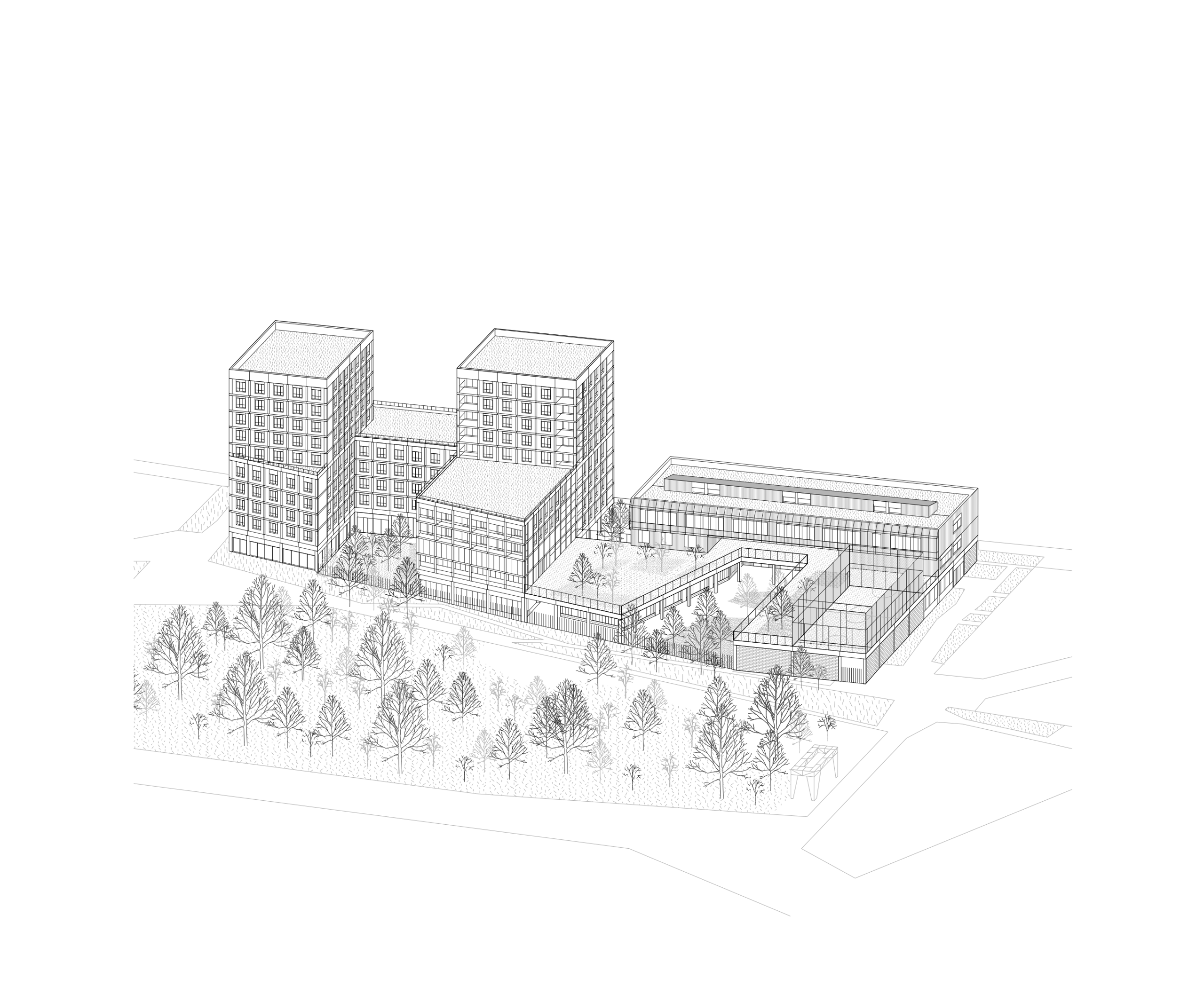 Axonometric drawing of Mixed-Use Blocks in Bordeaux, showing three tower volumes, a stepped courtyard podium, and a linear wing facing landscaped public space.