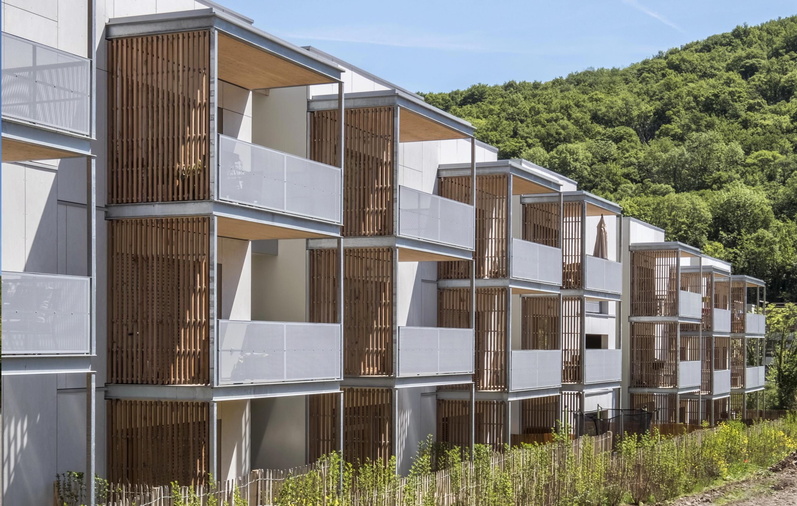 Façade des 65 logements à Seyssins par Tectoniques, volumes intermédiaires en gradins, balcons filants bois-métal ouverts sur le paysage du Vercors.