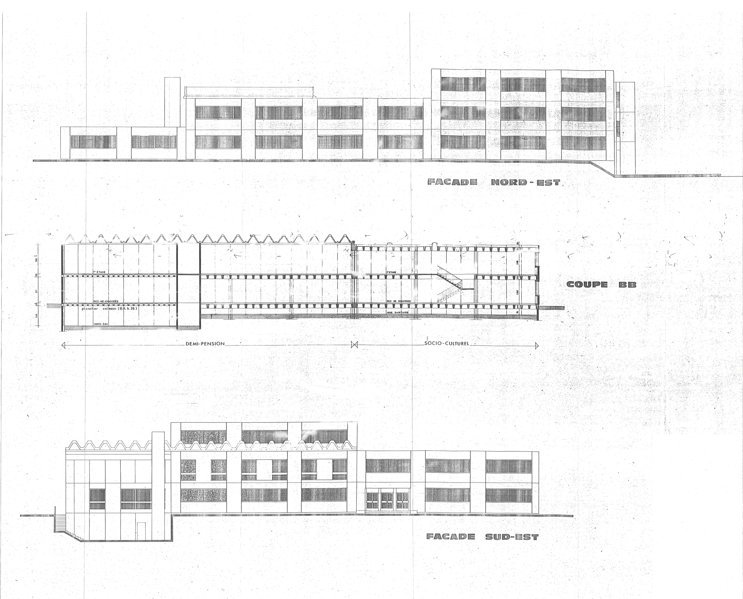 Plan d’archives du collège Maryse Bastié à Dole, montrant façades nord-est et sud-est et coupe longitudinale du bâtiment années 70 en béton préfabriqué.