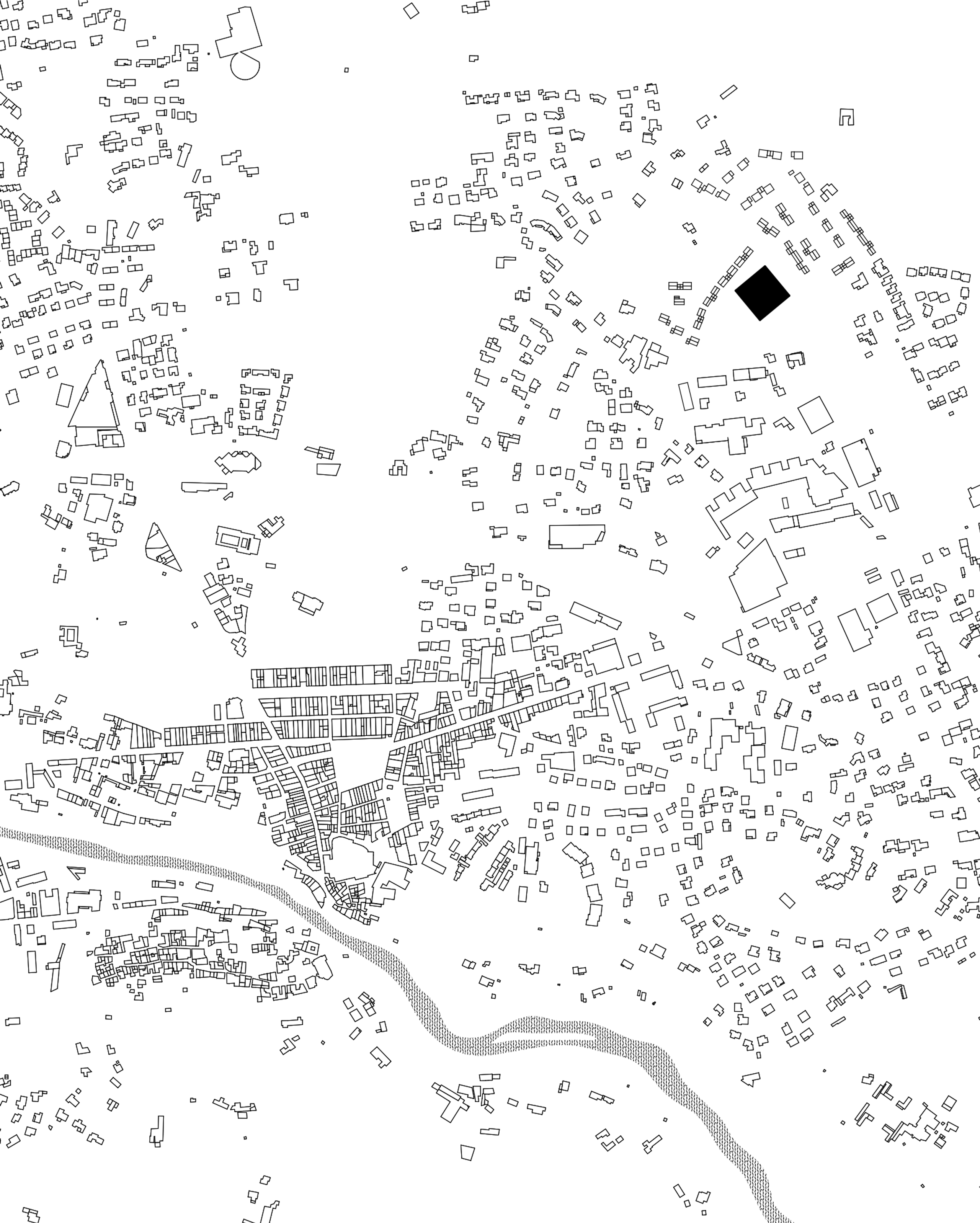 Plan masse de Vaison-la-Romaine montrant le pôle culture et jeunesse comme un carré noir de 55 m de côté, structurant le tissu pavillonnaire dispersé.