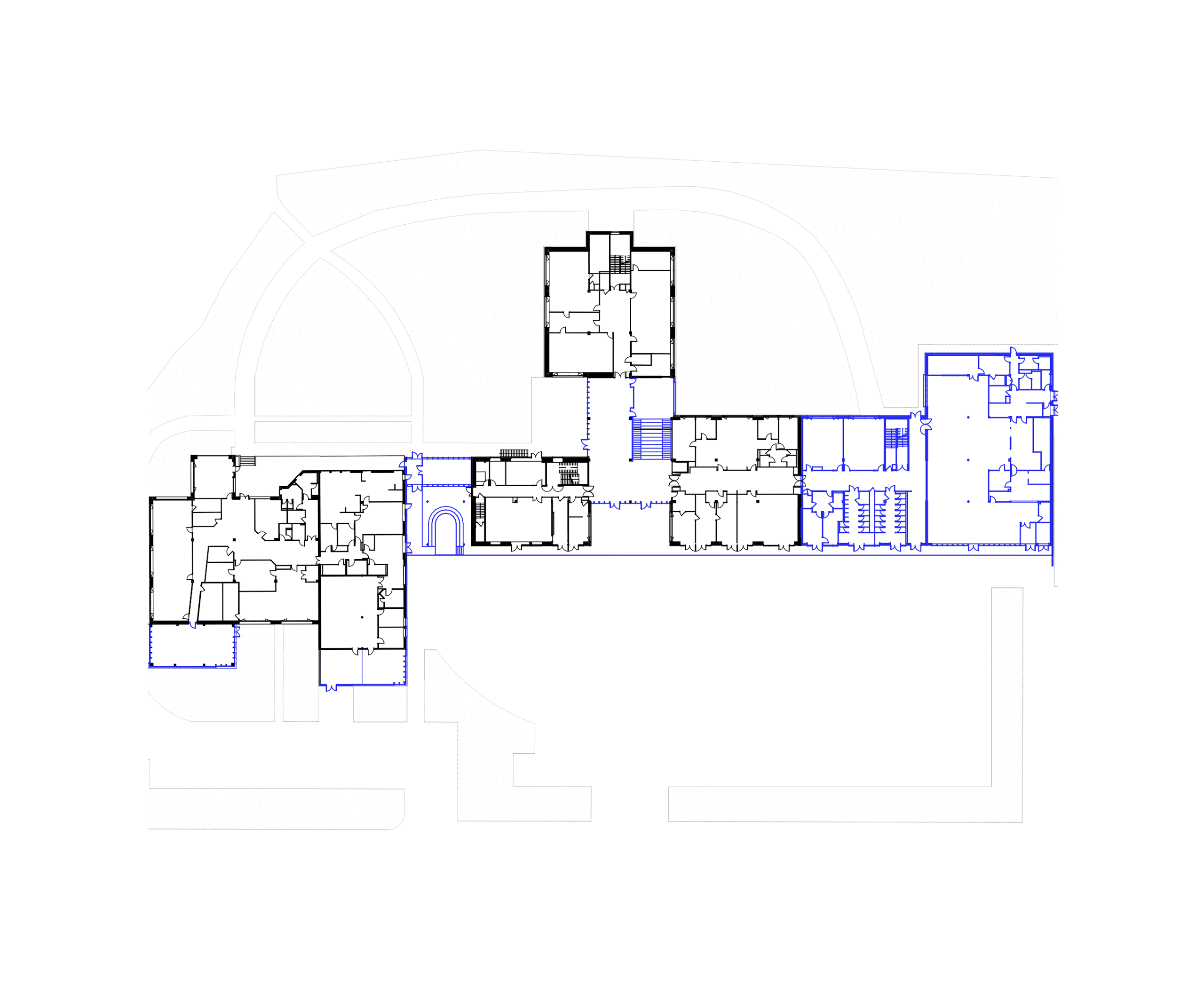 Plan de restructuration du collège Maryse Bastié à Dole : dessin technique montrant l’articulation des ailes existantes et des extensions en bleu.