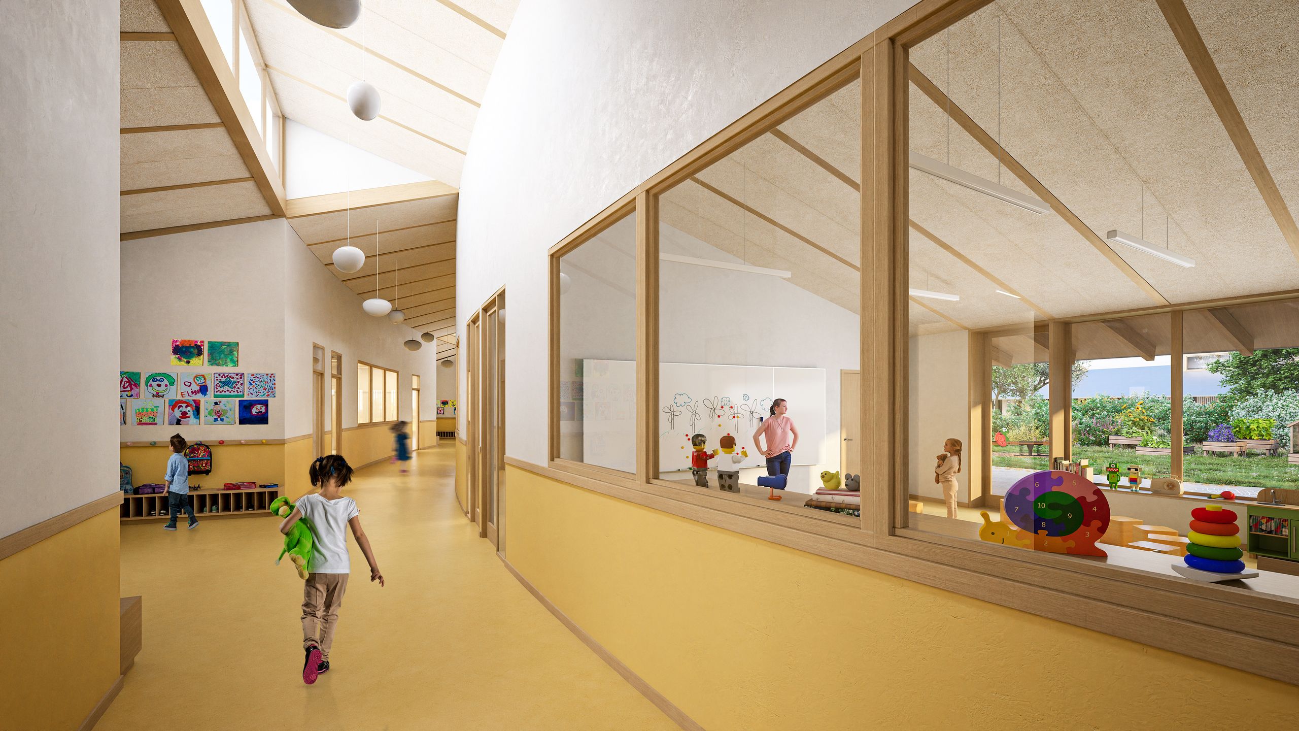 Groupe scolaire Saint-Ignace à Vienne : circulation sous charpente bois, éclairée en toiture, longeant des classes vitrées ouvertes sur la cour.