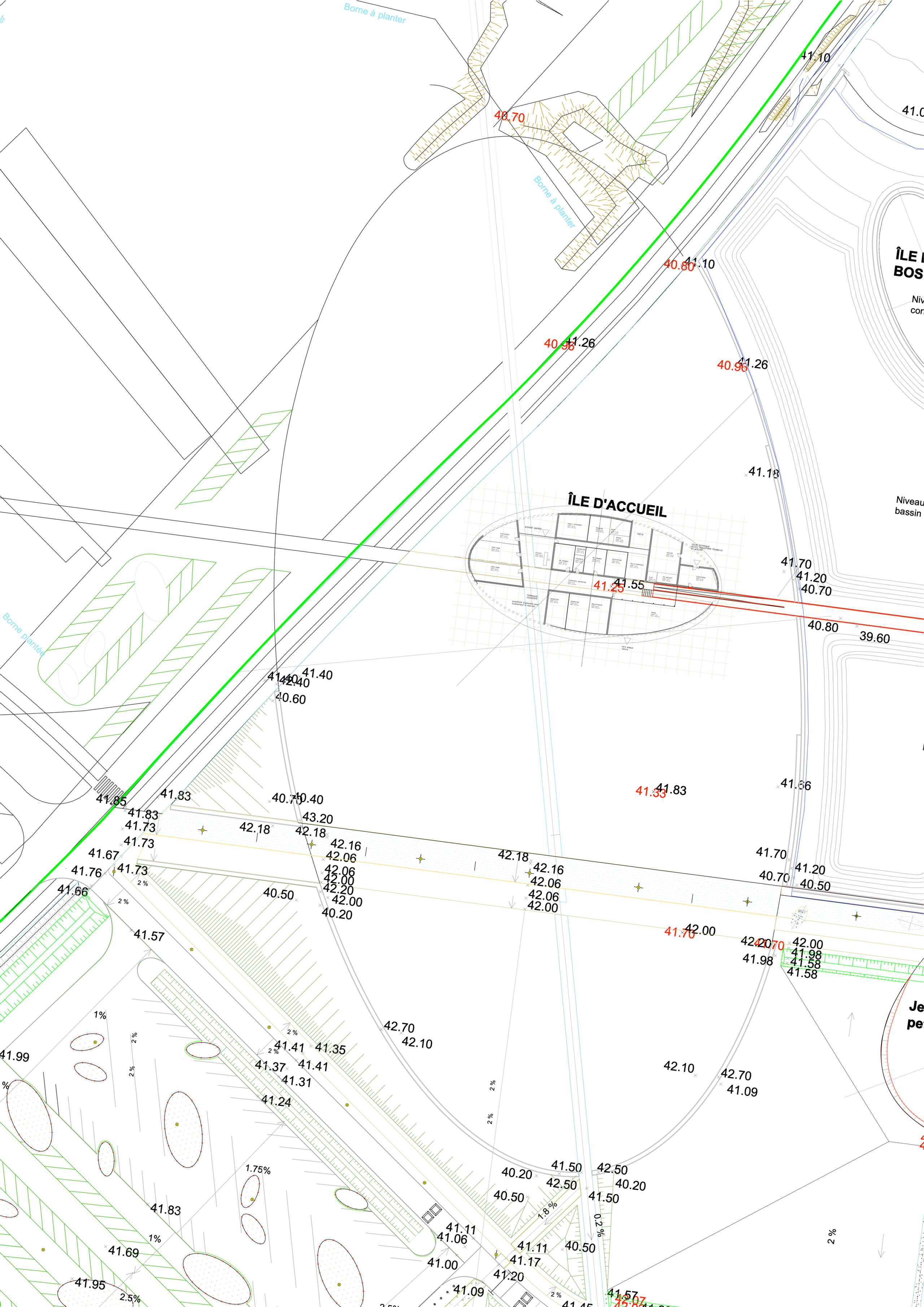 Plan masse du pavillon Aquaterra à Hénin-Beaumont, montrant l’implantation ovale sur l’Île d’accueil, les circulations, altimétries et aménagements paysagers du parc.