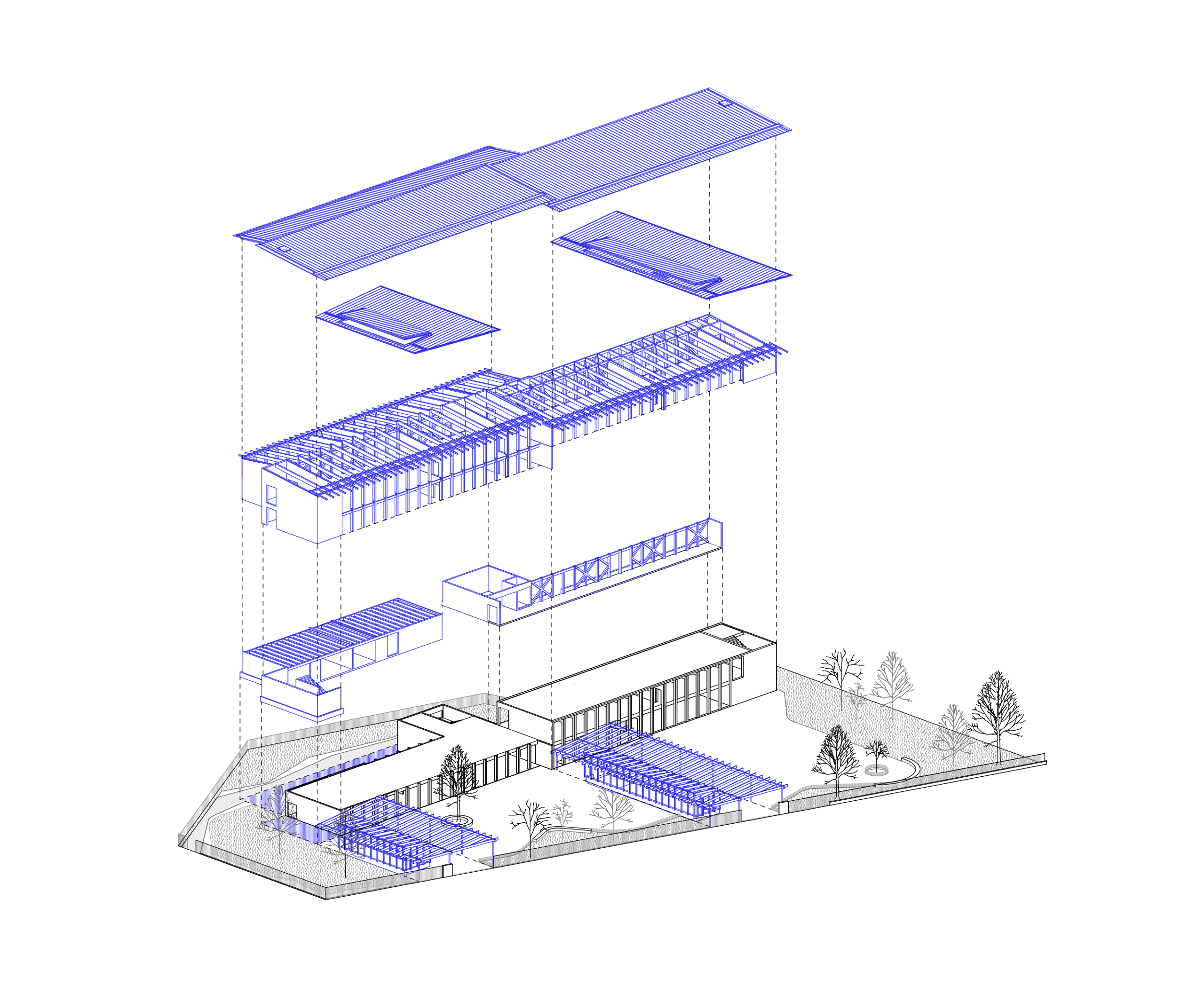 Axonométrie éclatée du School complex du Bouchet à Bonneville, montrant la surélévation en ossature bois, les nouveaux préaux et la trame béton existante.