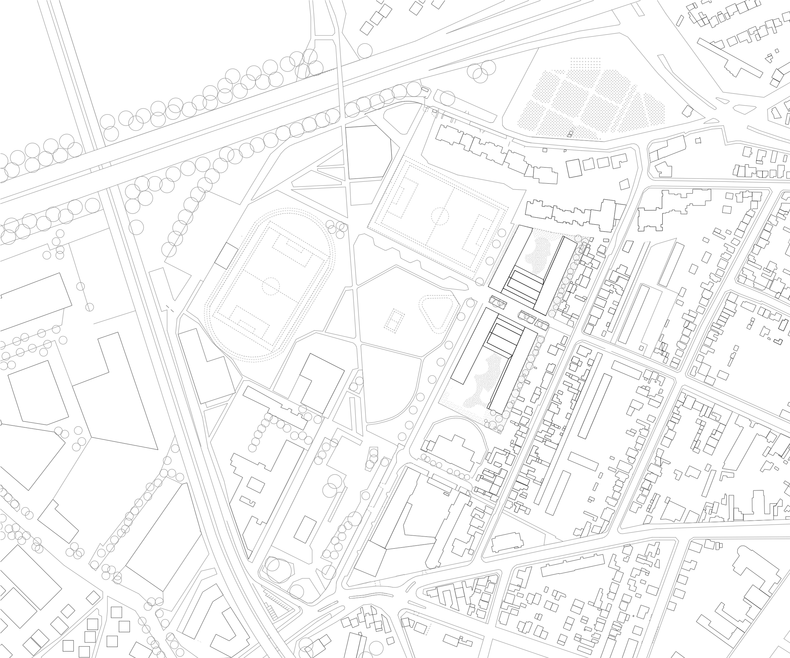 Plan masse des groupes scolaires Jacqueline Auriol et Jean Jaurès au Bourget, en U de part et d’autre du parvis, en lisière du parc des sports.