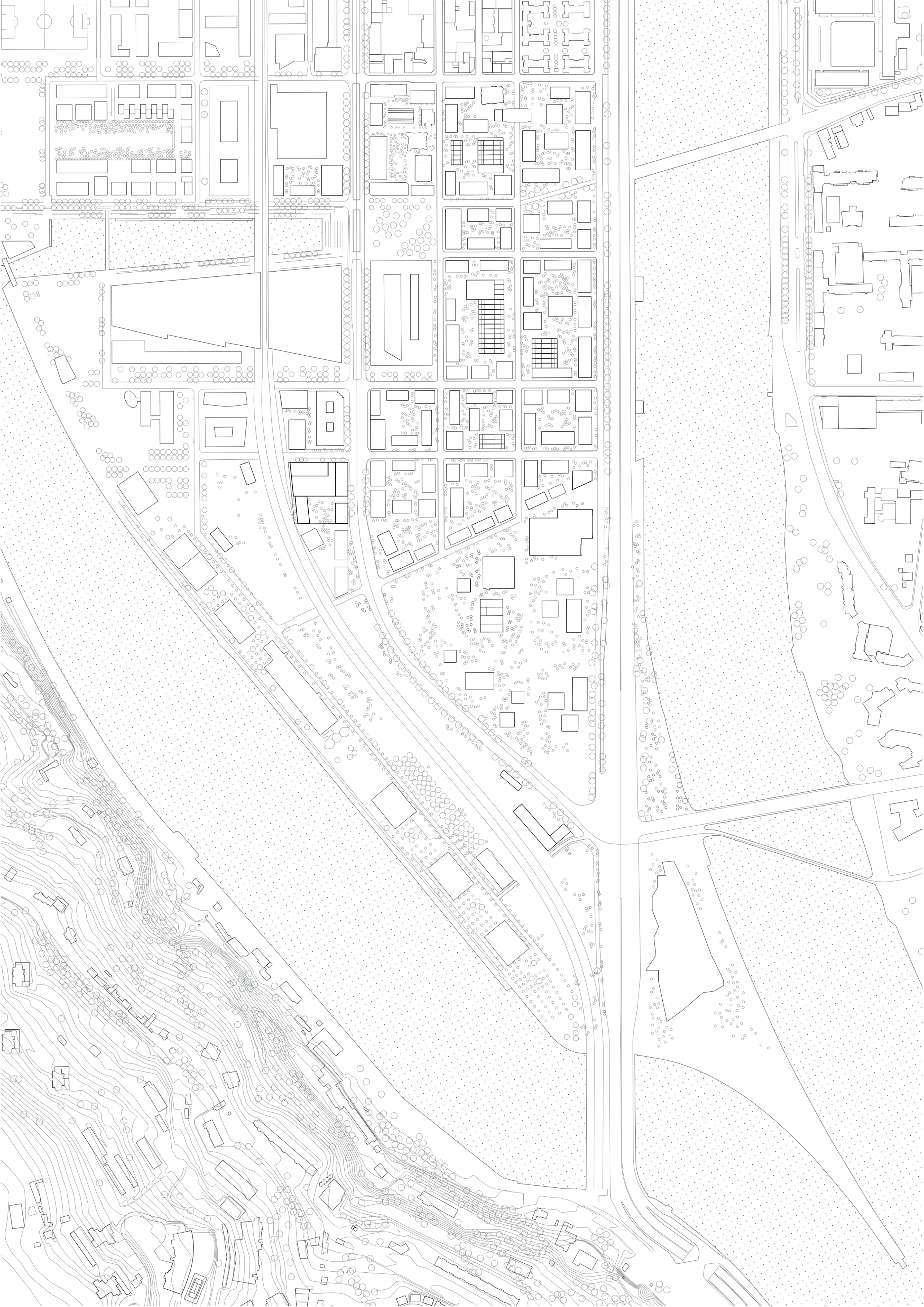 Site plan of the E4 North block in Lyon’s Confluence, showing U-shaped housing, offices and semi-underground sports hall between railway and riverfront.