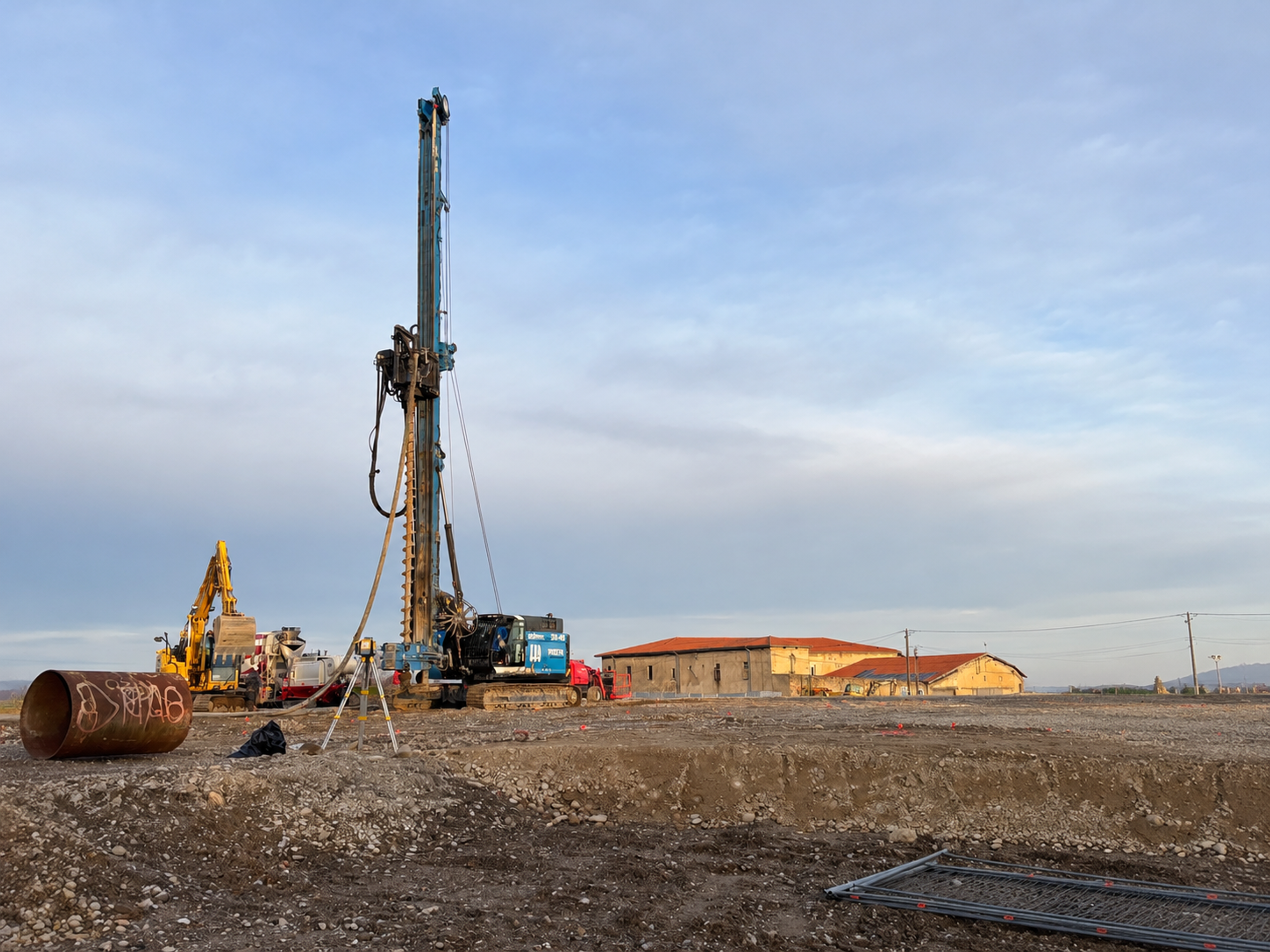Chantier du groupe scolaire à Vienne : forage des fondations profondes avec foreuse et engins de terrassement sur terrain nu, bâtiments existants en arrière-plan.