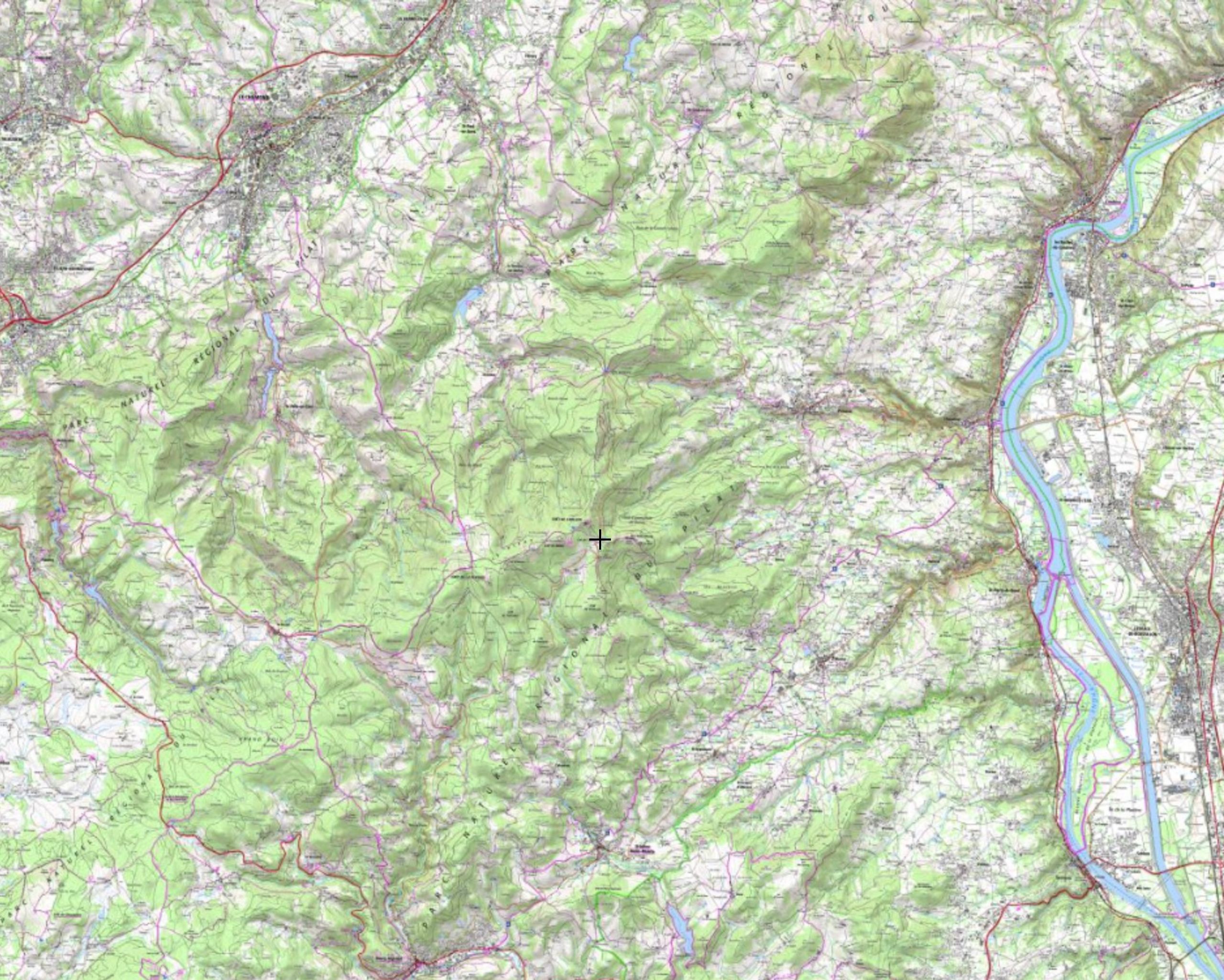 Carte topographique du col de l’Oeillon à Véranne, situant l’auberge de montagne restructurée dans le relief boisé du Parc naturel régional du Pilat.