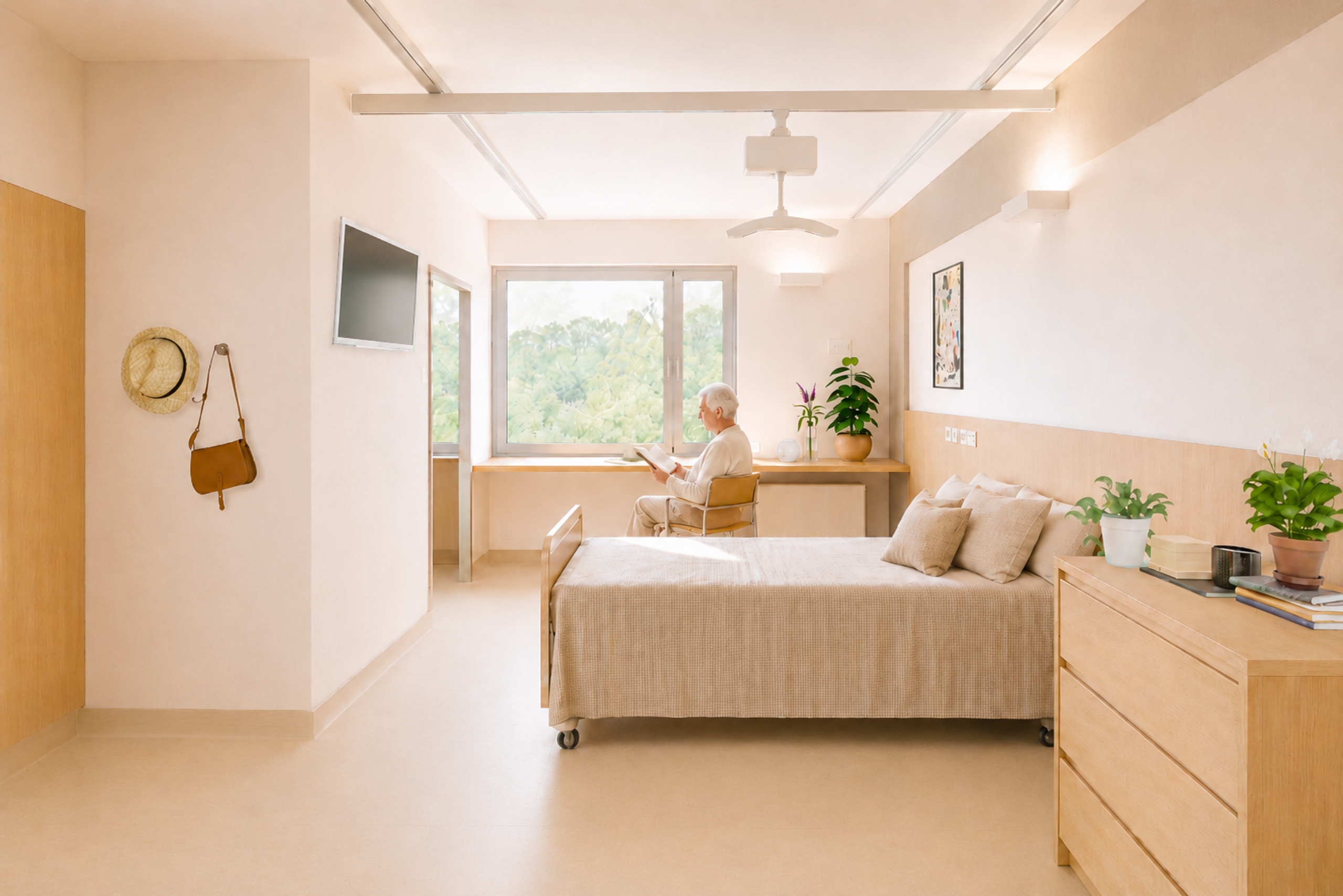 Chambre de l’Ehpad d’Auxerre, aménagée en bois clair, avec lit médicalisé, mobilier intégré et large baie ouverte sur le parc arboré.