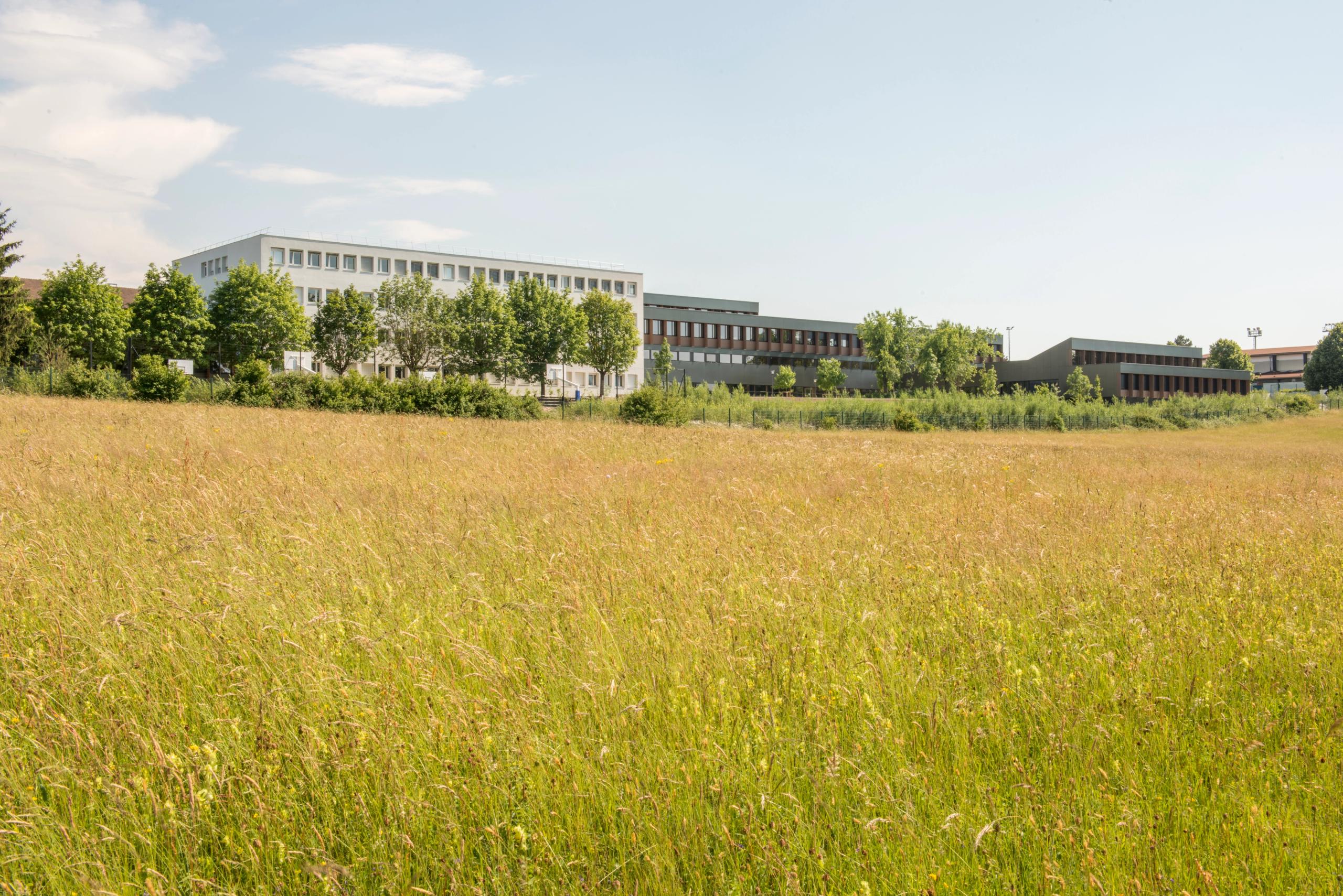Vue lointaine du collège Pierre-Joseph Proudhon à Besançon, externat blanc et extension bois sombre en bande longitudinale derrière une prairie ouverte.