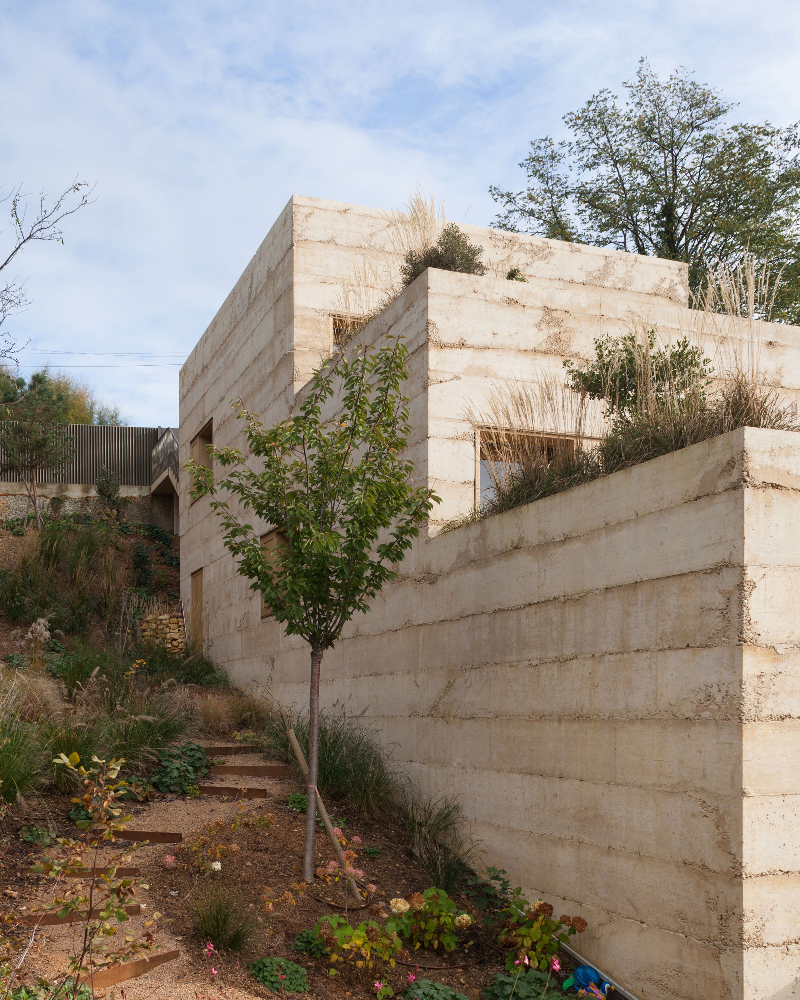 Maison en terrasses de béton teinté à strates, encastrée dans le vallon à Saint-Cyr-au-Mont-d’Or, avec toitures plantées et menuiseries bois.