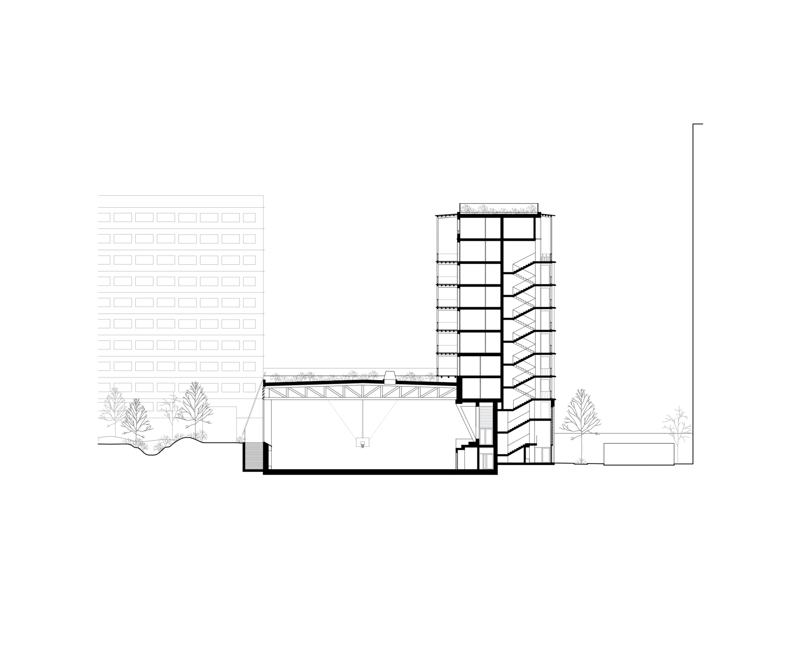 Section drawing of the E4 North block in Lyon, showing semi-underground sports hall, vertical circulation tower and landscaped roof garden connection.
