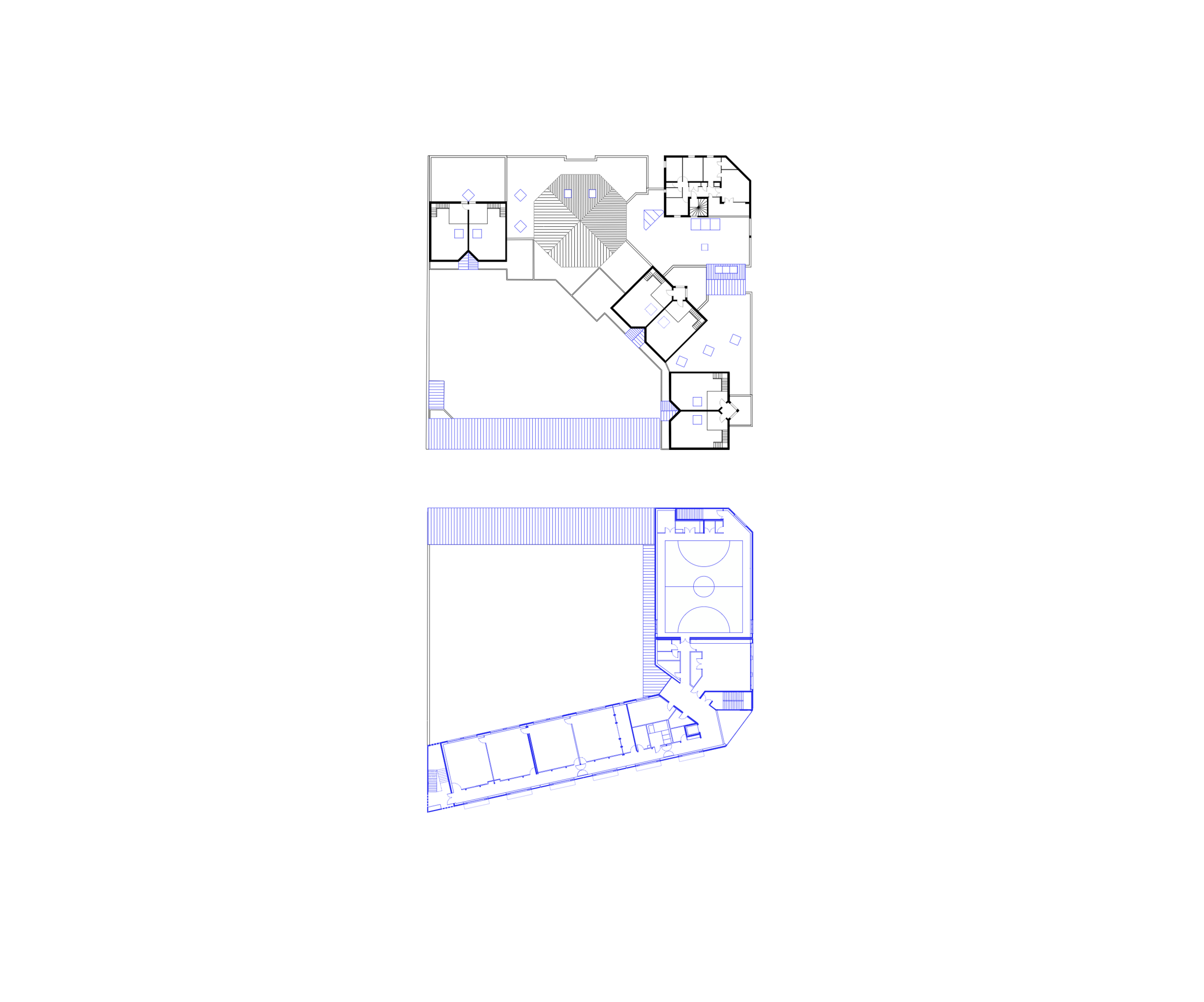 Plans en équerre du groupe scolaire Pompidou Mourguet à Lyon, montrant la nouvelle école élémentaire enveloppant les cours et articulant les volumes bâtis.
