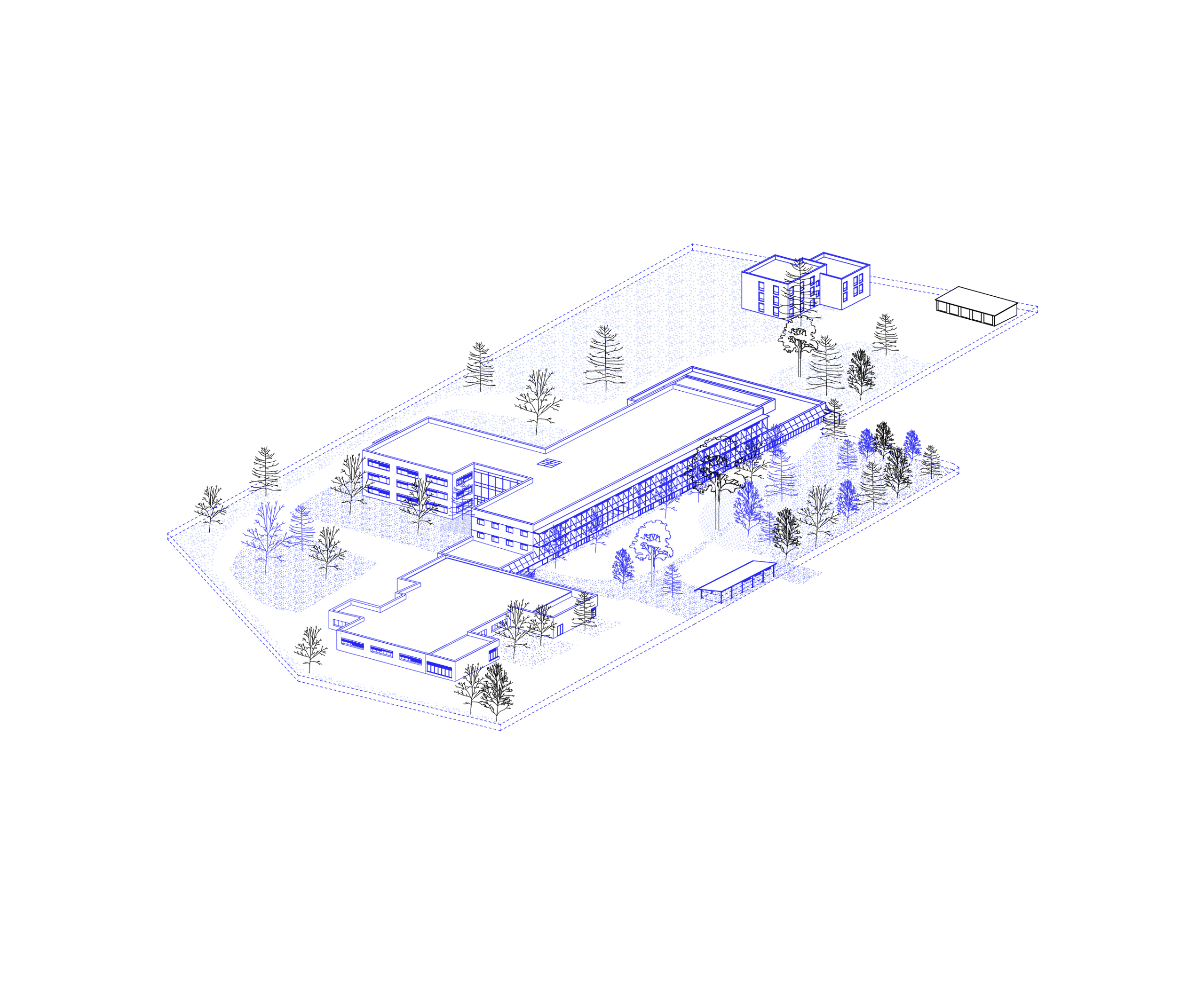 Axonométrie du projet de restructuration du collège Maryse Bastié à Dole, montrant les volumes rationalisés, extensions bois et bâtiments existants dans un parc arboré.
