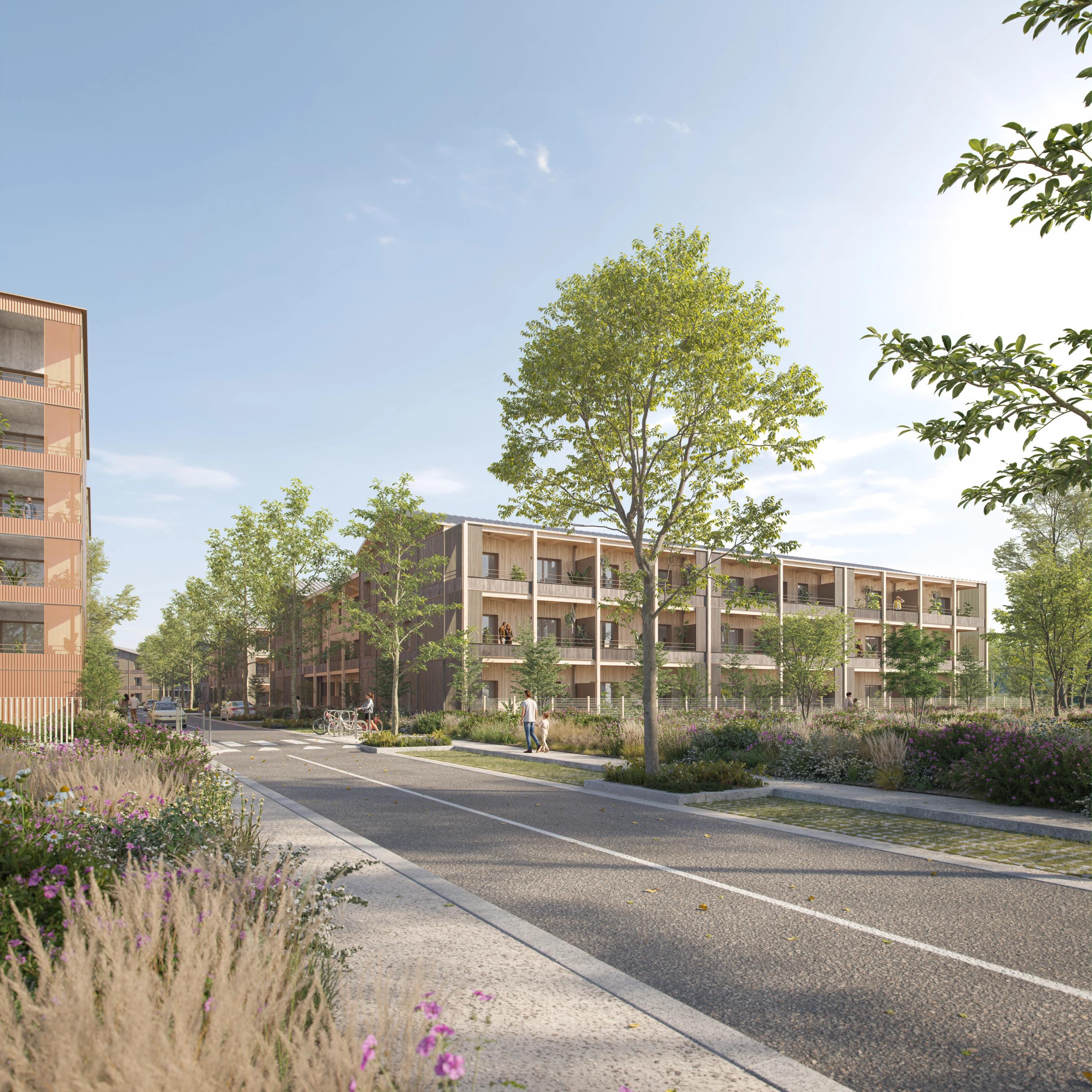 À Thoiry, les 187 logements s’organisent en volumes bois à trois niveaux, avec loggias, le long d’une voie bordée de noues plantées et d’arbres.