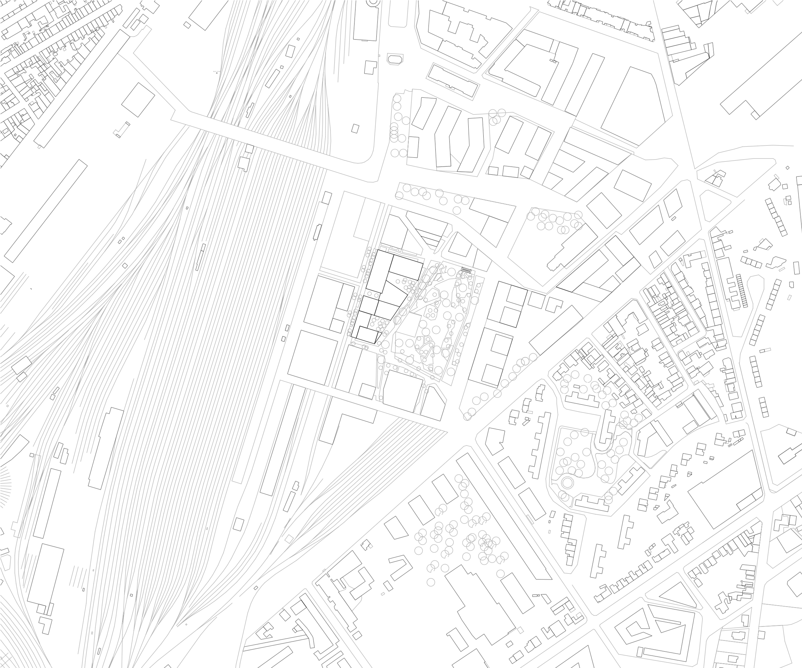 Site plan of the Mixed-Use Blocks in Bordeaux, showing compact urban blocks, public spaces and rail tracks integrated into the surrounding city fabric.