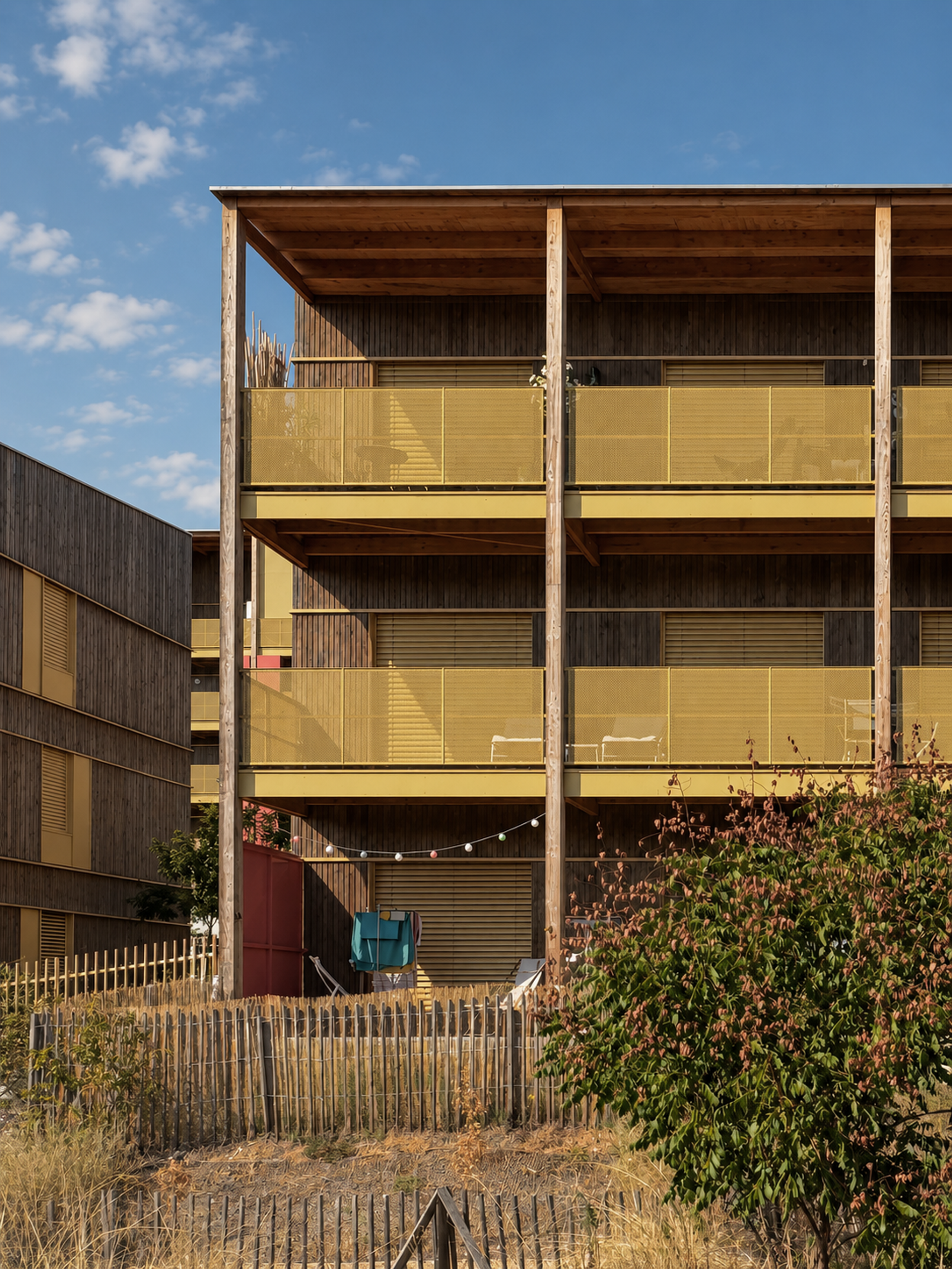84 logements à Trévoux : façade à ossature et bardage bois, exo-structure verticale et larges balcons filants dotés de garde-corps jaunes.