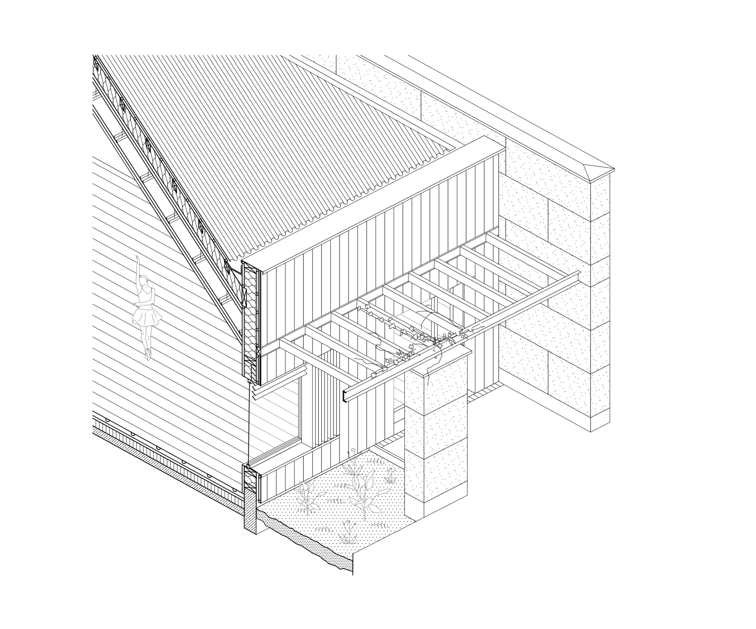 Détail axonométrique du Pôle culture et jeunesse à Vaison-la-Romaine, montrant l’enceinte en pierre massive, la structure bois et la couverture métallique nervurée.