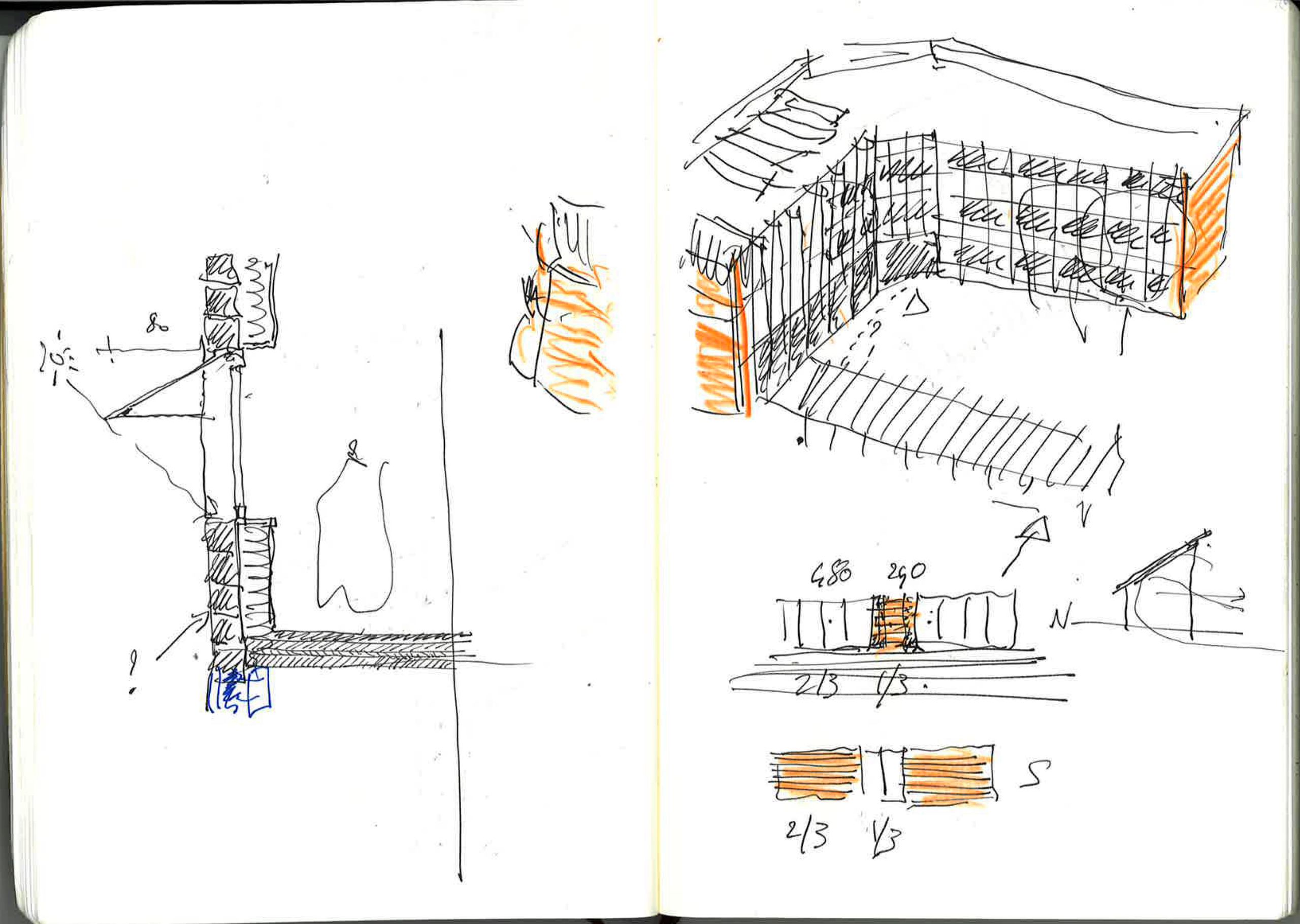 Concept sketches of the Pompidou-Mourguet School complex in Lyon, showing L-shaped volumes, playground enclosure and masonry façade studies in plan and section.