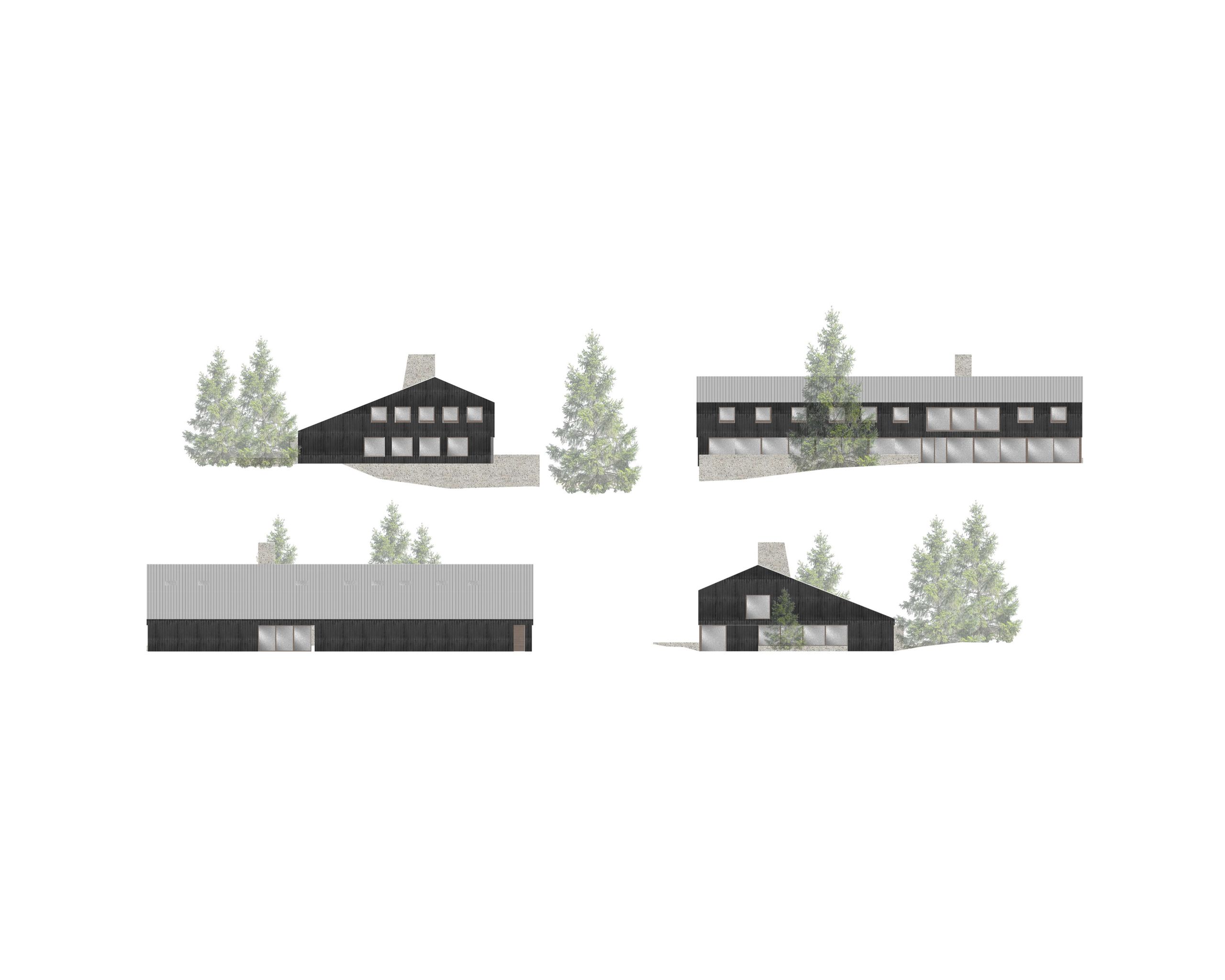 Élévations de l’auberge de montagne du col de l’Oeillon à Véranne : volumes compacts en bois sombre, toiture à deux pans, socle minéral et grandes baies vitrées.