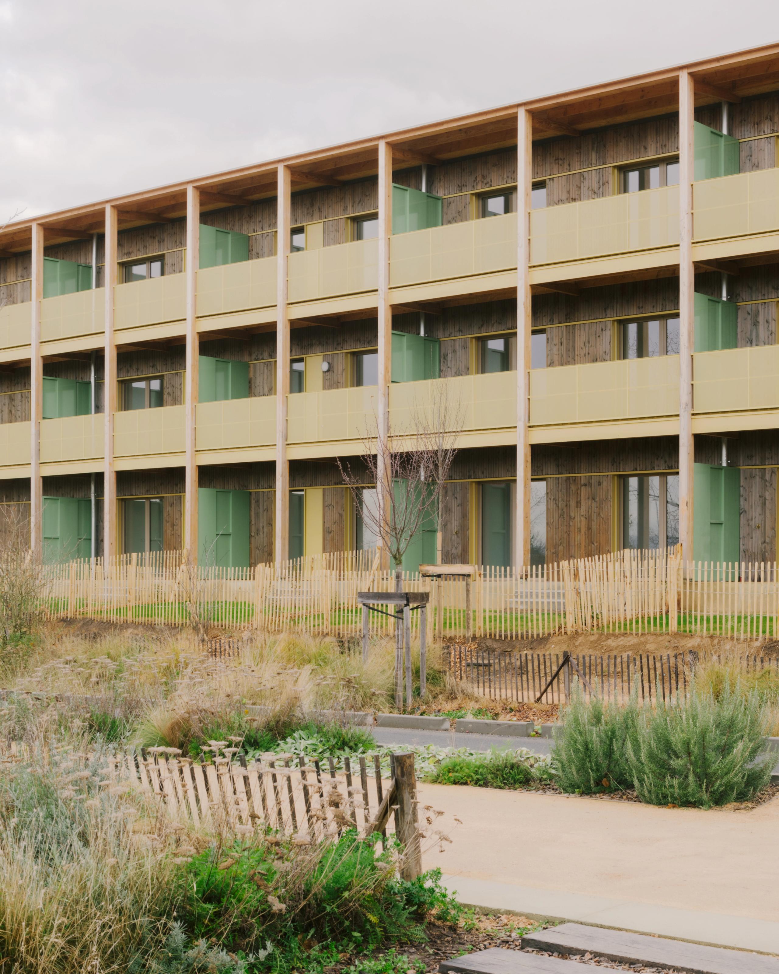 Façade des 84 logements à Trévoux par Tectoniques, structure bois poteaux-dalles, coursives et balcons filants colorés sur parc paysager en pente.