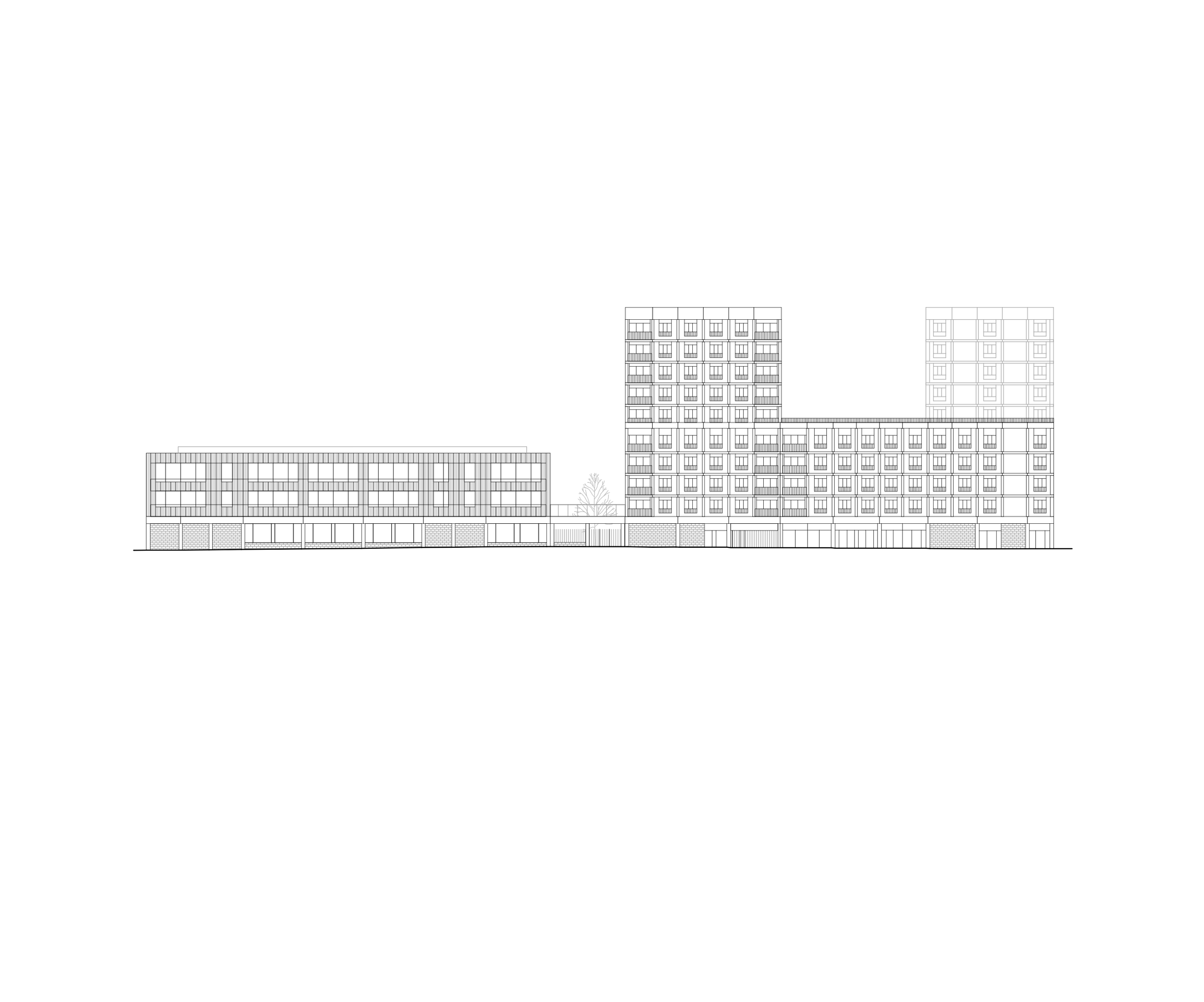 Élévation du projet Frida Kahlo à Bordeaux : volumes superposés du school complex, logements et résidence étudiante, façades tramées et cœur d’îlot végétalisé.