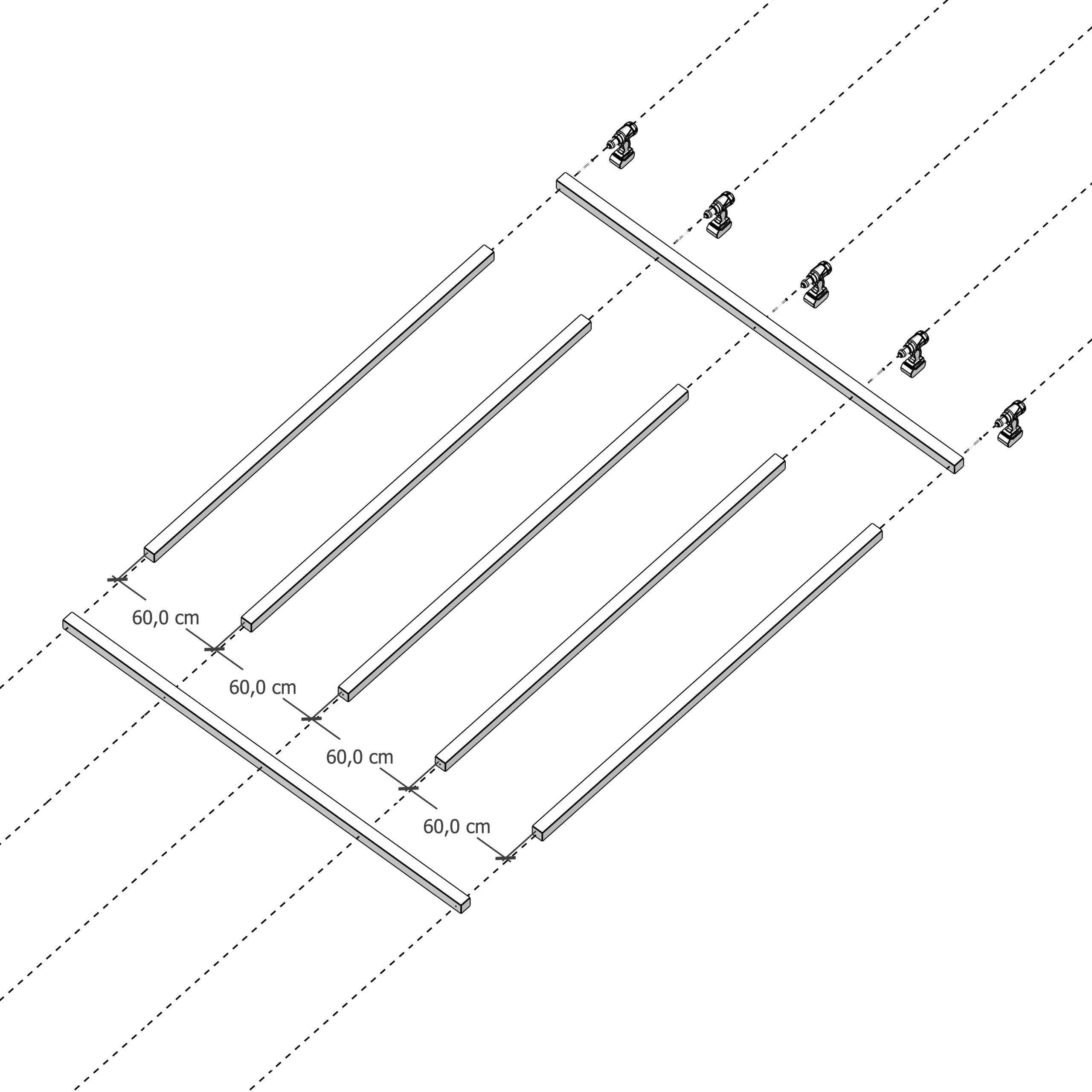 Axonométrie du workshop 60x60 à Versailles montrant le module en ossature bois : lisses parallèles espacées de 60 cm et assemblages par serre-joints métalliques.