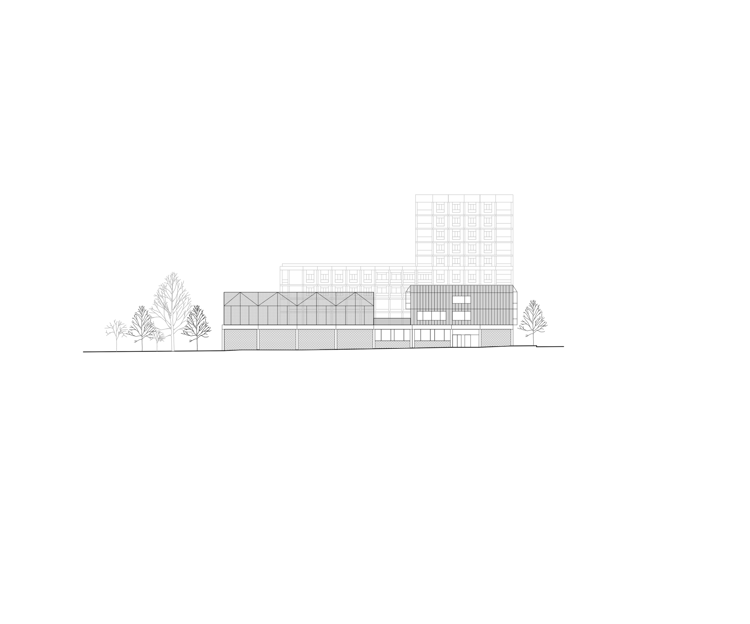 Élévation du projet Frida Kahlo à Bordeaux : volumes superposés du school complex, logements et résidence étudiante, façades tramées et socle urbain végétalisé.