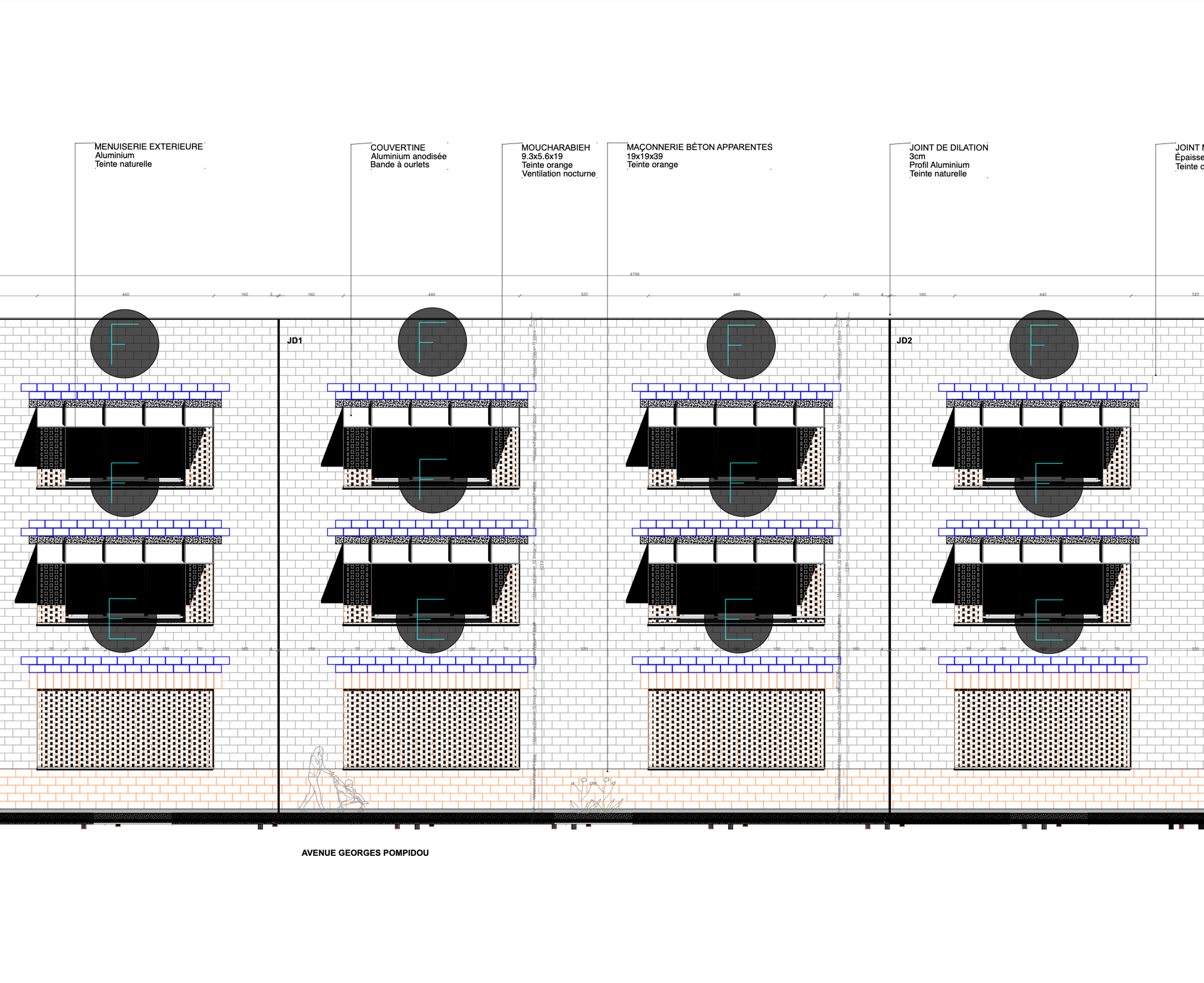 Facade elevation of Pompidou Mourguet School Complex in Lyon, showing masonry block grid, deep window bays with shading devices and circular vents.