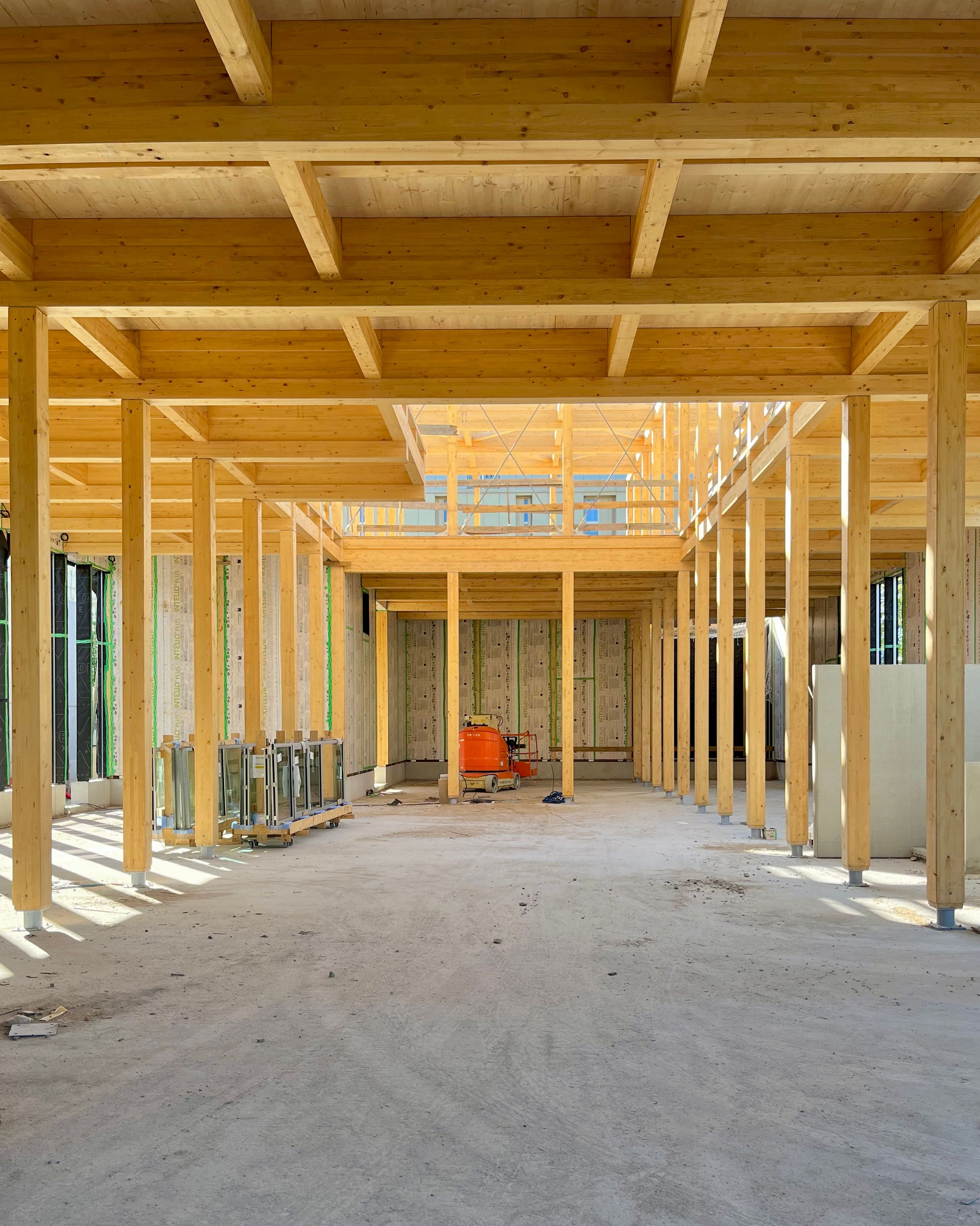 Structure intérieure en bois de la Cité campus Assia Djebar à Vaulx-en-Velin, montrant la trame carrée poteaux-poutres et le vaste volume en chantier.