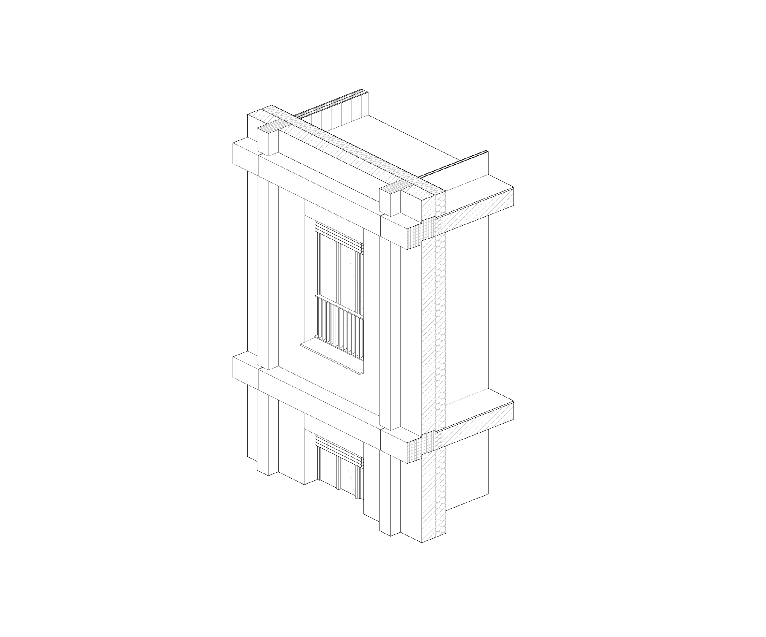 Détail axonométrique de façade préfabriquée du groupe scolaire et logements Frida Kahlo à Bordeaux, montrant trame porteuse, baies et modénature.