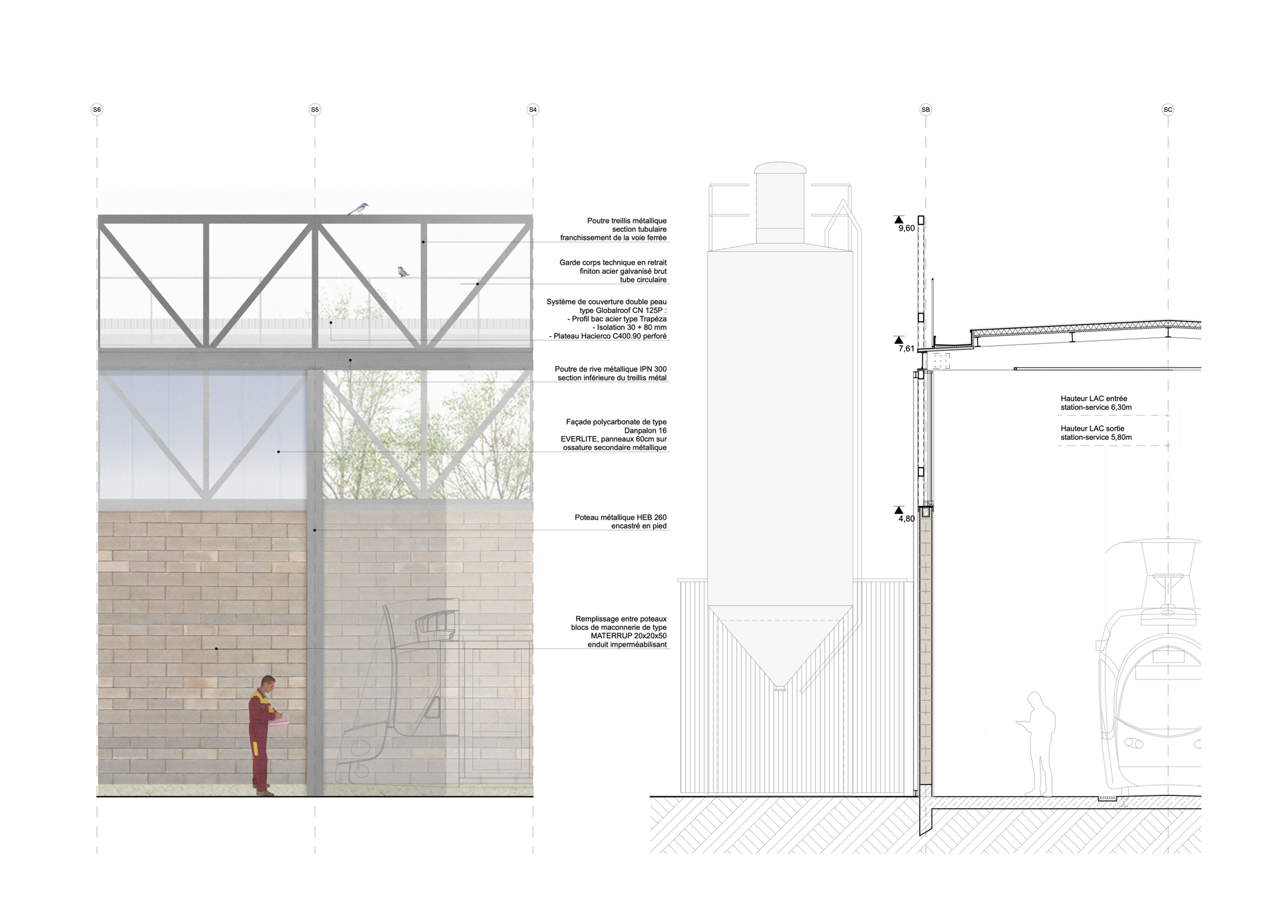 Section drawing of Lyon tramway maintenance center showing rammed earth base, glazed polycarbonate facade, metal truss roof and interior service bay.