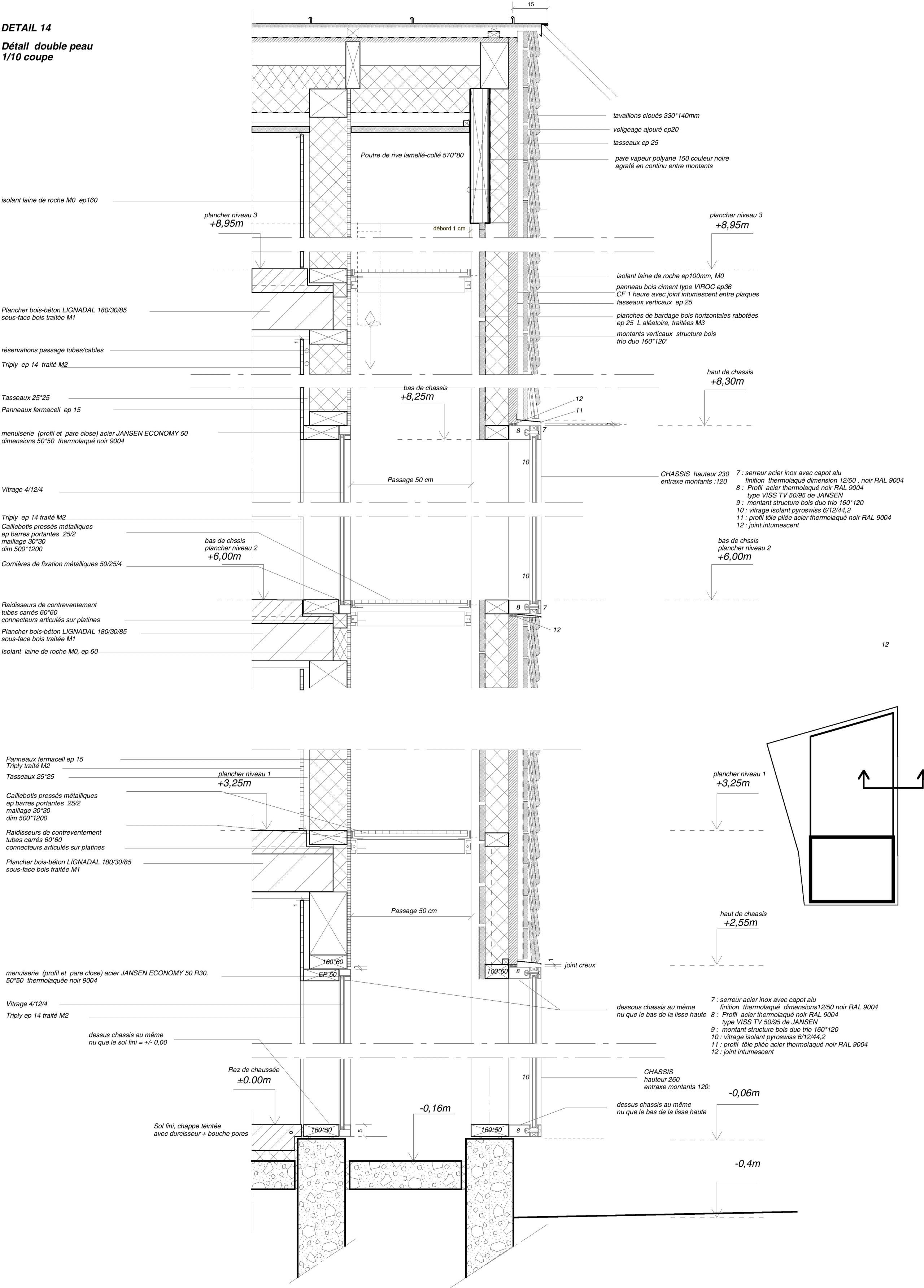 Coupe détaillée de la double peau de la Maison du Parc du Haut-Jura à Lajoux, montrant l’ossature bois, l’isolant, le bardage en tavaillons et les châssis vitrés.
