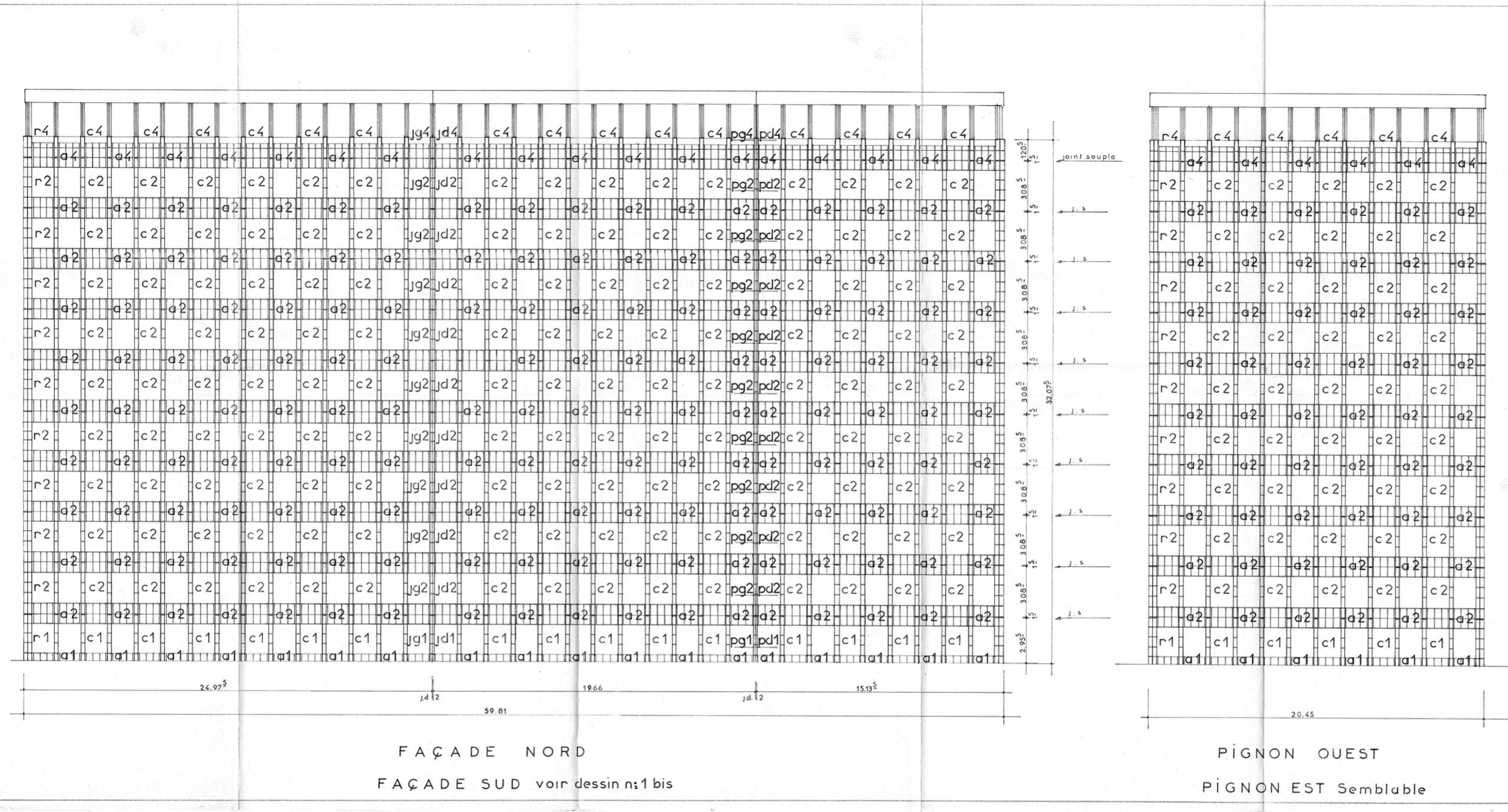 Plan de façades de l’ancien IGH Émile Loubet à Saint-Étienne, élévations nord et pignon ouest, trame structurelle répétitive et modénature en panneaux préfabriqués.