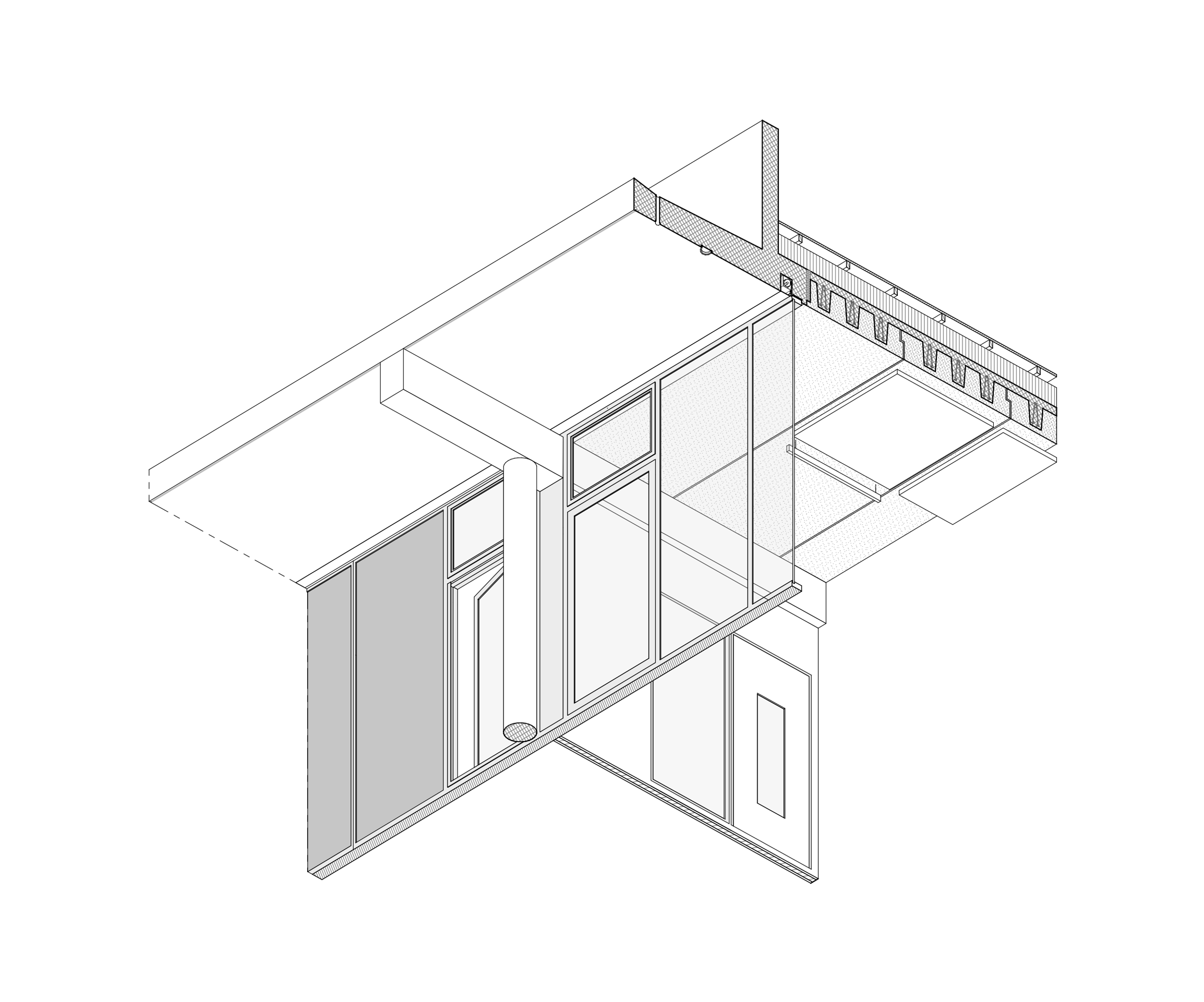 Axonométrie de la Maison des familles à Limonest, détaillant façade vitrée, dalles en béton, poteaux, poutres et dispositifs de lumière zénithale.
