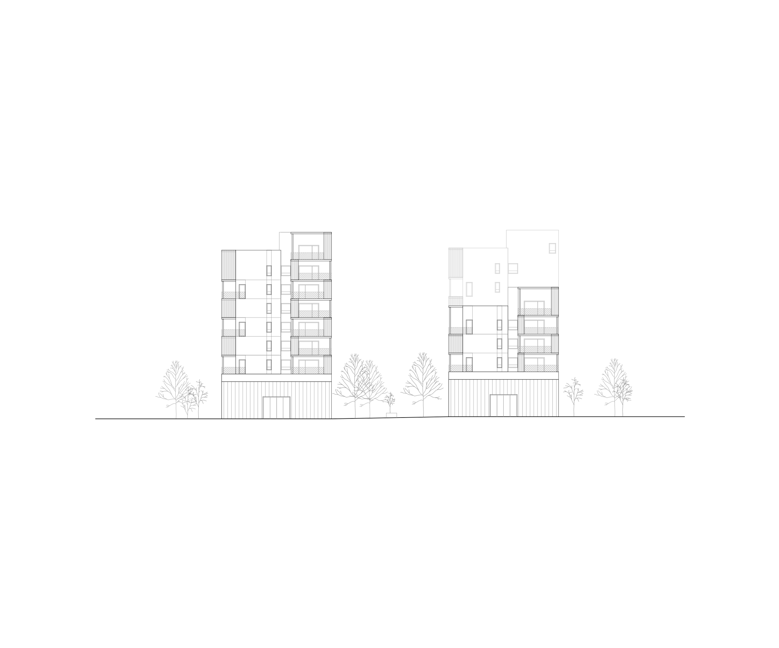 Élévation des 116 logements à Vénissieux : deux plots fragmentés sur socle, balcons en saillie, façades rythmées et alignement d’arbres en pied de bâtiment.