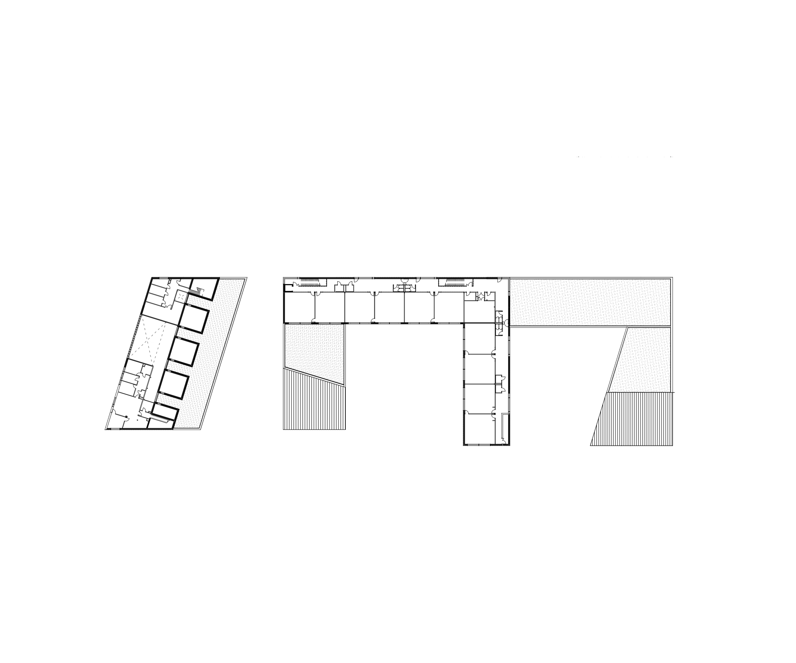 Plan du Groupe scolaire Denis Mukwege à Melun, montrant volumes en U, cours au sud et séquences bâties/jardinées structurant l’îlot traversant.
