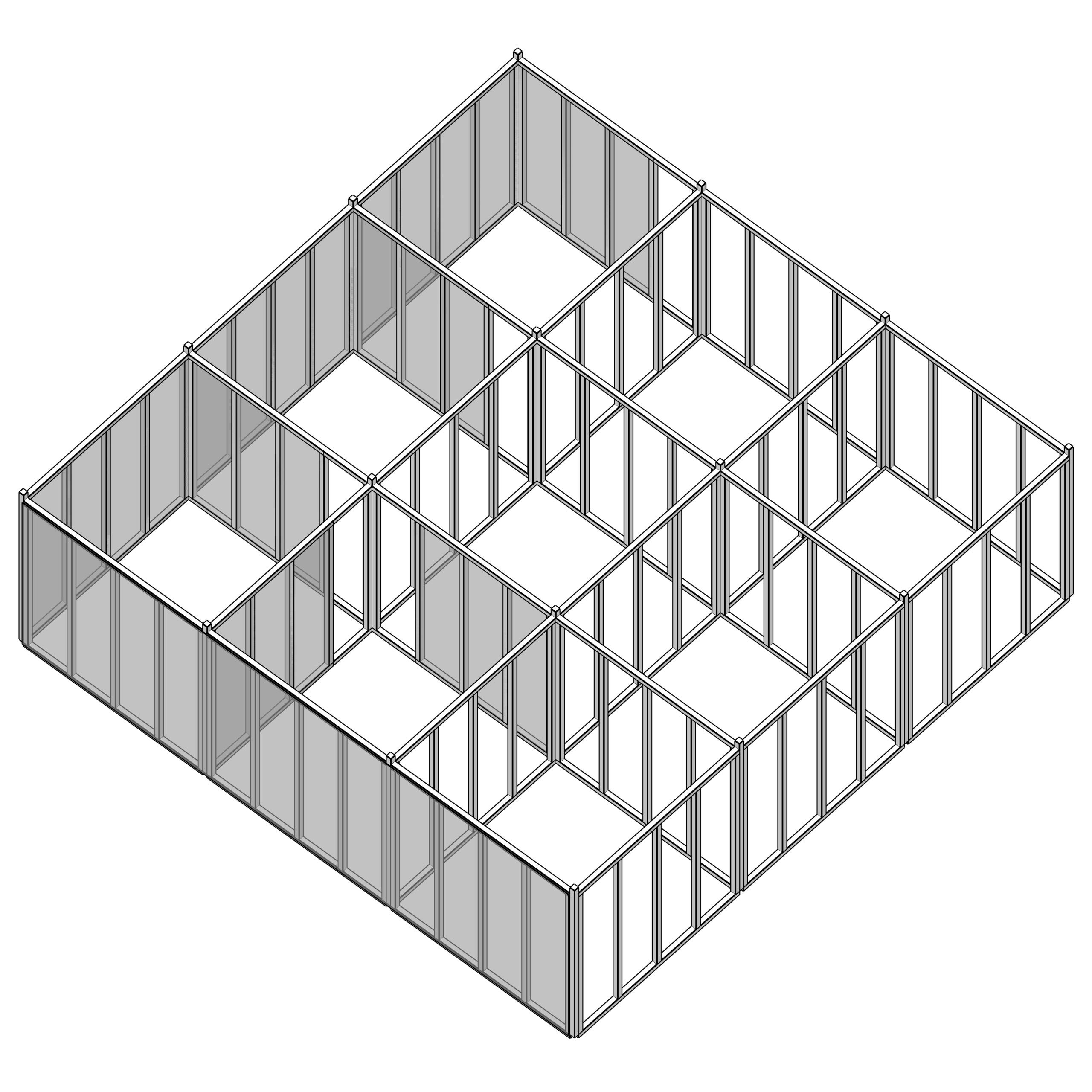 Axonométrie du Workshop 60x60 à Versailles : trame modulaire en ossature bois 2400x60x60 mm, panneaux manuportables et parois translucides formant un parcours labyrinthique.