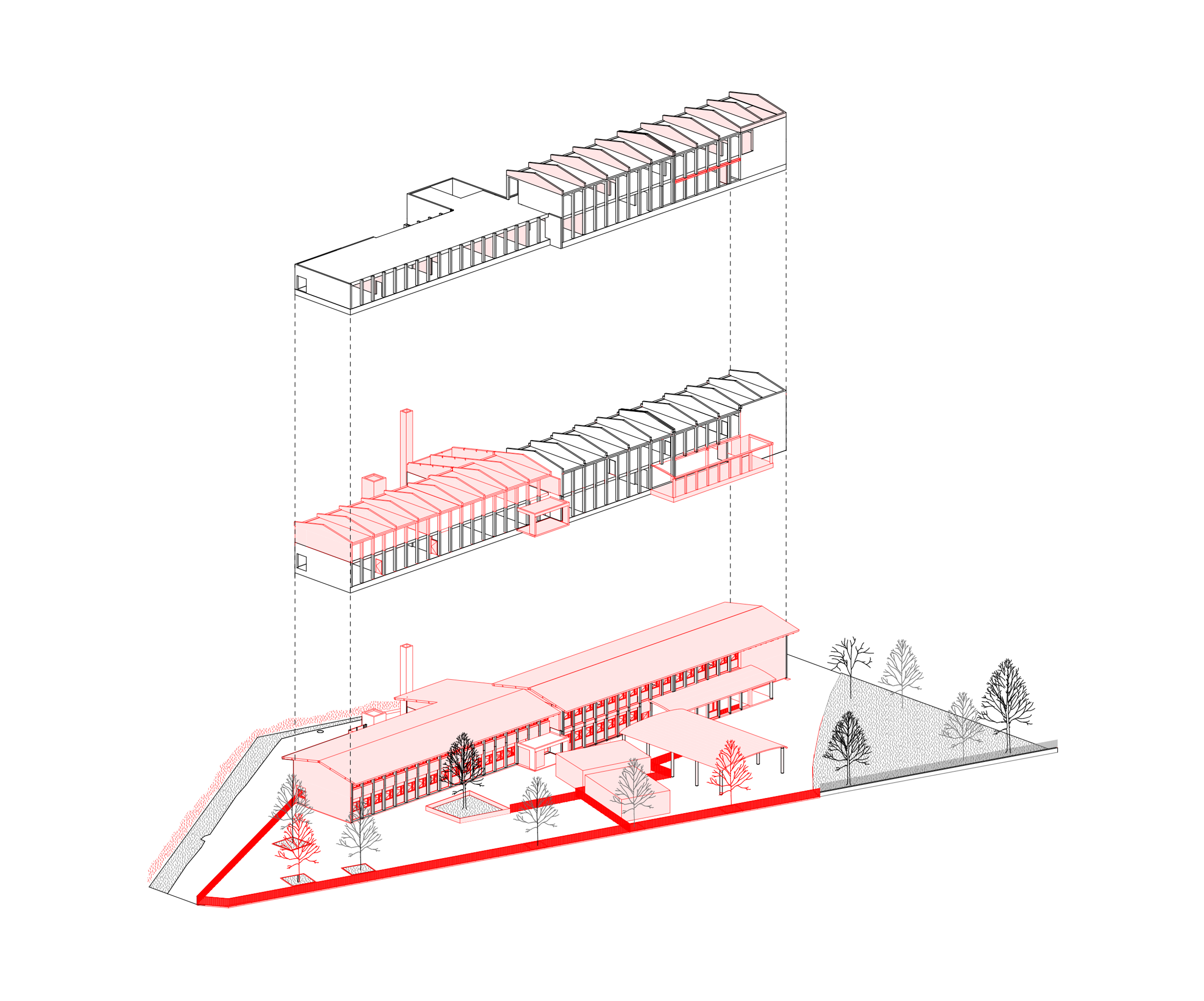 Axonométrie éclatée du groupe scolaire du Bouchet à Bonneville, montrant la surélévation bois, les préaux neufs et la restructuration de la trame béton existante.
