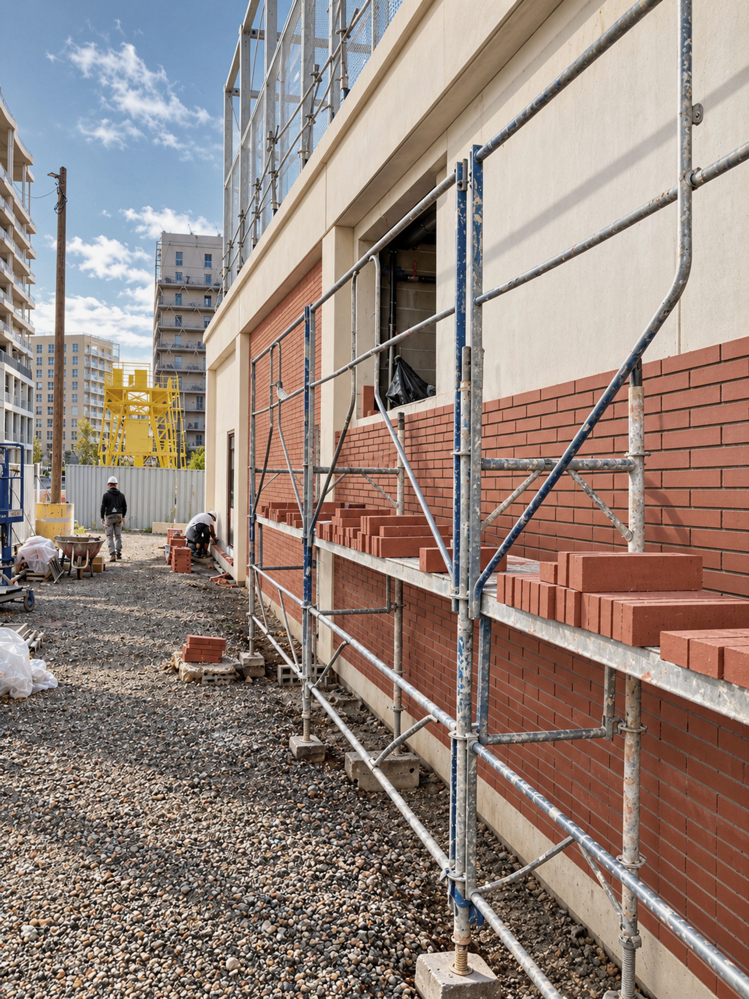 Chantier de l’îlot 8.10 à Bordeaux : pose d’un parement en briques rouges sur façade en béton, avec échafaudages et logements en arrière-plan.